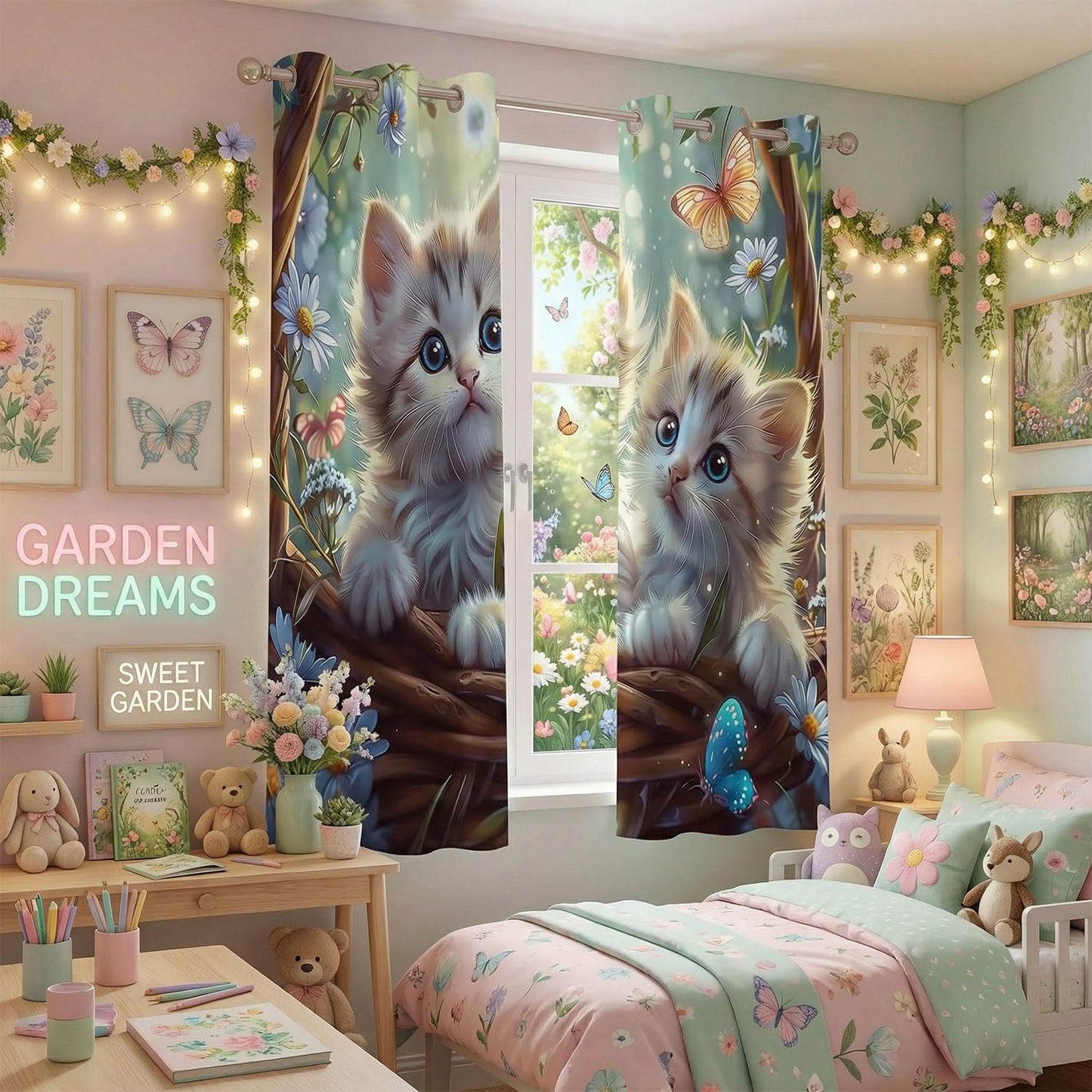 Sordcoz Cat Blackout Curtains for Girls Bedroom — Kawaii Kitty Print Room Darkening Drapes with Silver Grommets, Thermal Insulated 2 Panels Window Curtains for Kids Room & Nursery, 42 x 45 Inch