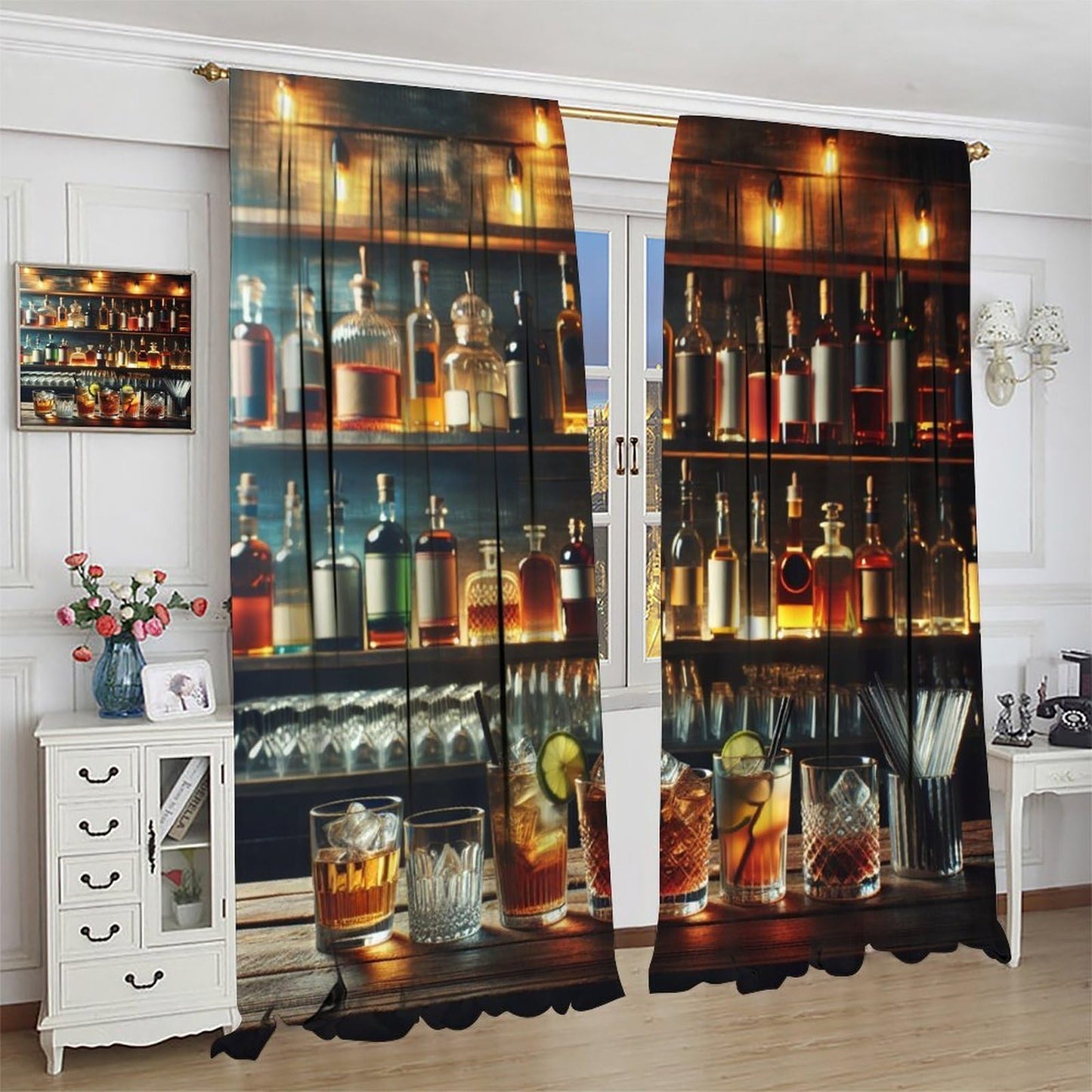 VUMIVI Retro Pub Curtains Wooden Bar with Cocktail Beer Whiskey Print Speakeasy Style Rod Pocket Window Treatments for Living Dining Bedroom Kitchen Man Cave Home Bar 42" W X 44.5" L