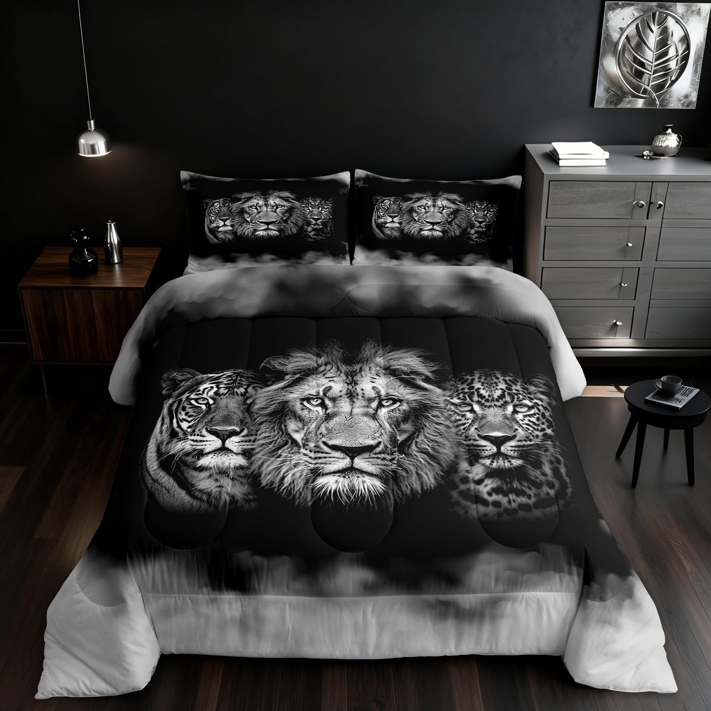Wild Animals Comforter Set Queen Size Tiger Lion Leopard 3D Bedding Set 3pcs for Kids Boys Men Home Room Decor,Black White Smog Quilt Set Modern Microfiber Duvet Insert with 2 Pillowcases