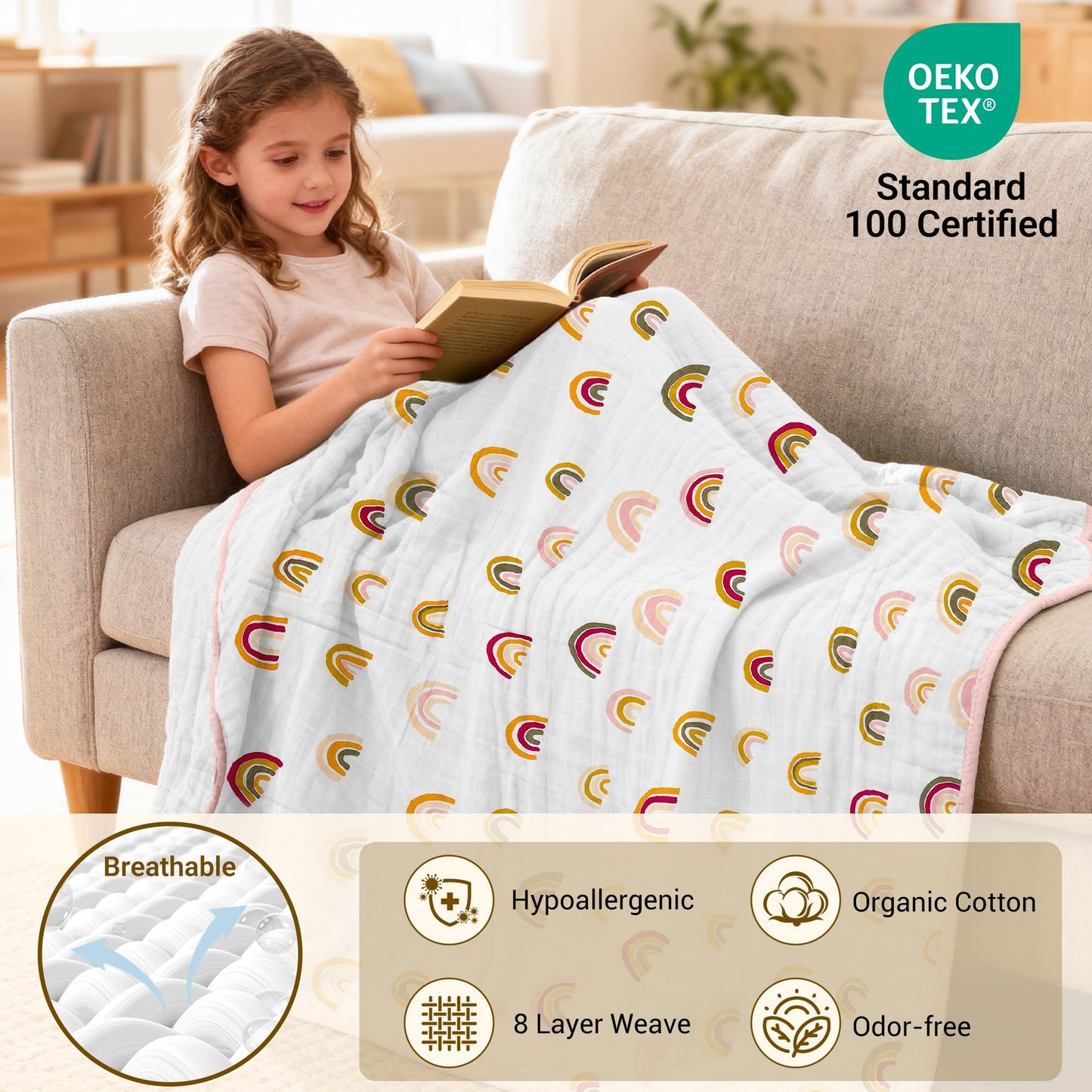 ZPECC Muslin Toddler Blanket Thicker, 47x47 Organic Cotton Kids Quilt Hypoallergenic for Baby Essentials Crib Stroller Daycare Cot, Rainbow