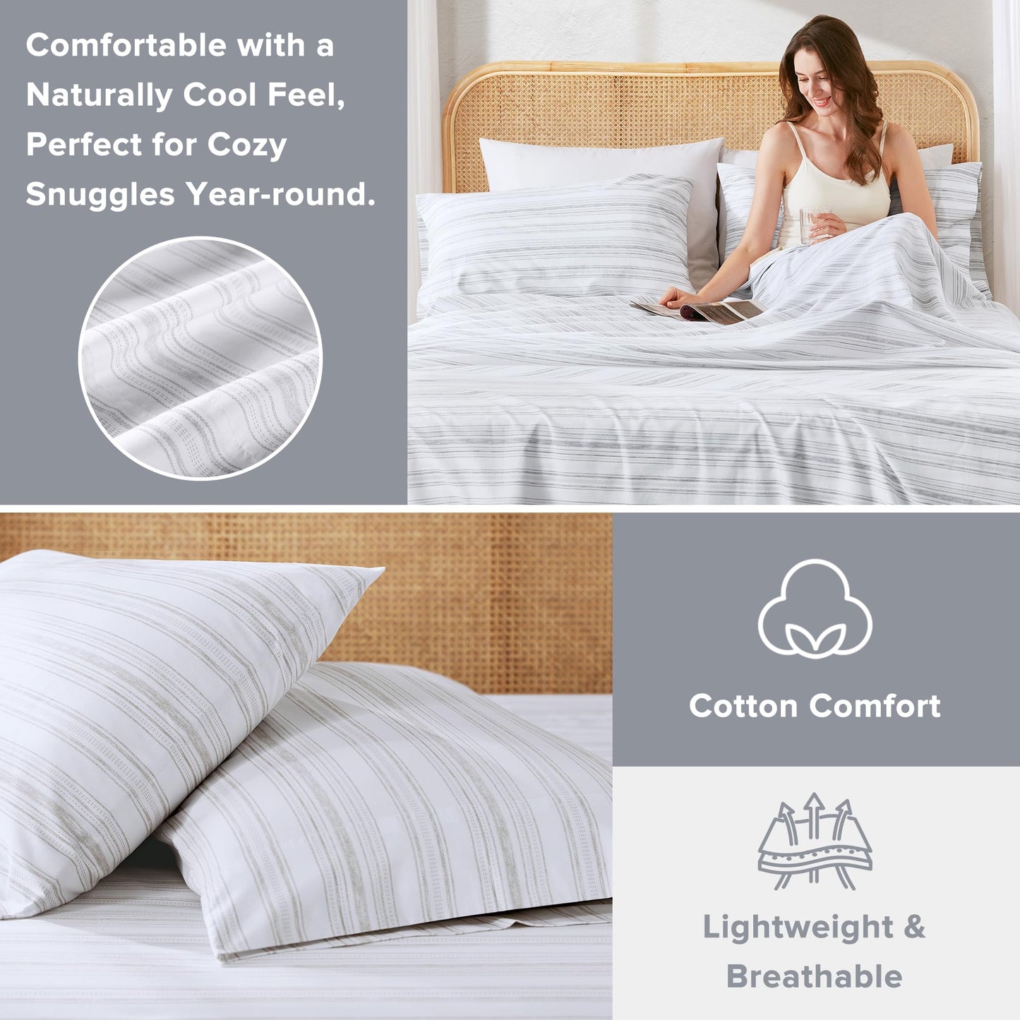 Comfort Spaces 100% Cotton Sheets Twin XL, Breathable, Naturally Cool Cotton Sheets, Cotton Bed Sheets with 12" Elastic Pocket Fits up to 14" Mattress, All Seasons Sheet Set, Good Vibes Grey 3 Piece