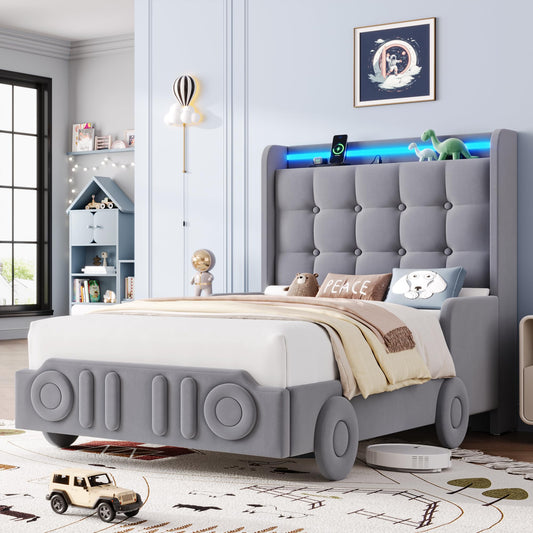 Keyluv Twin Car Bed Frame with LED Lights and Charging Station, Upholstered Platform Bed with Button Tufted Headboard and Wheels, No Box Spring Needed, Noise-Free, Easy Assembly, Velvet Grey