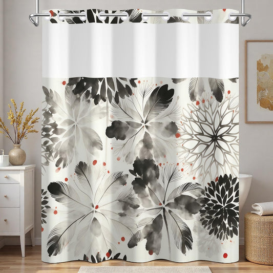 Xiazhilaio Black Floral Shower Curtain with Snap in Liner, 71x74 Inch