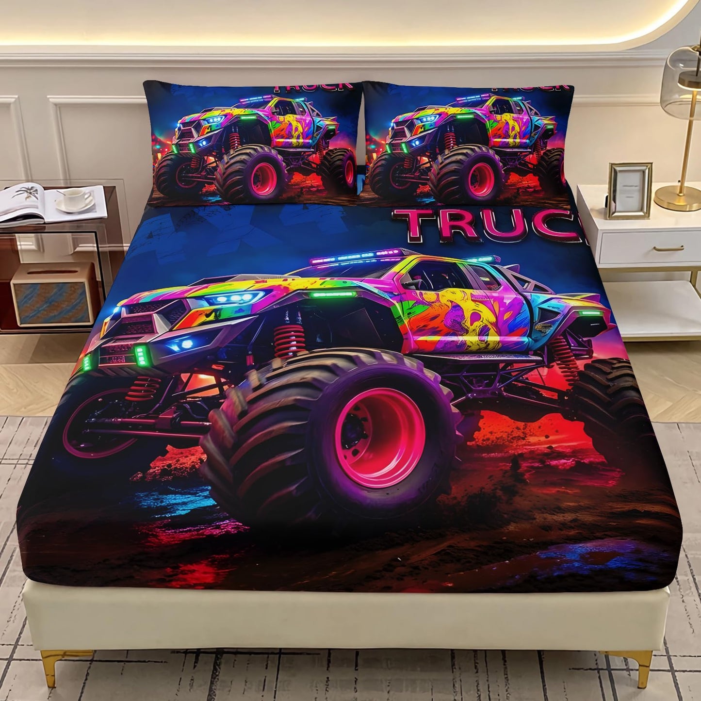 AILONEN Monster Truck Fitted Sheet Set Twin Size, Cartoon Car Bedding Set for Kids,Teens,Adults,3D Print Giant Pickup Truck Bedsheets Set for All Season,3-Pieces,1 Sheet Set with 2 Pillowcases,Soft