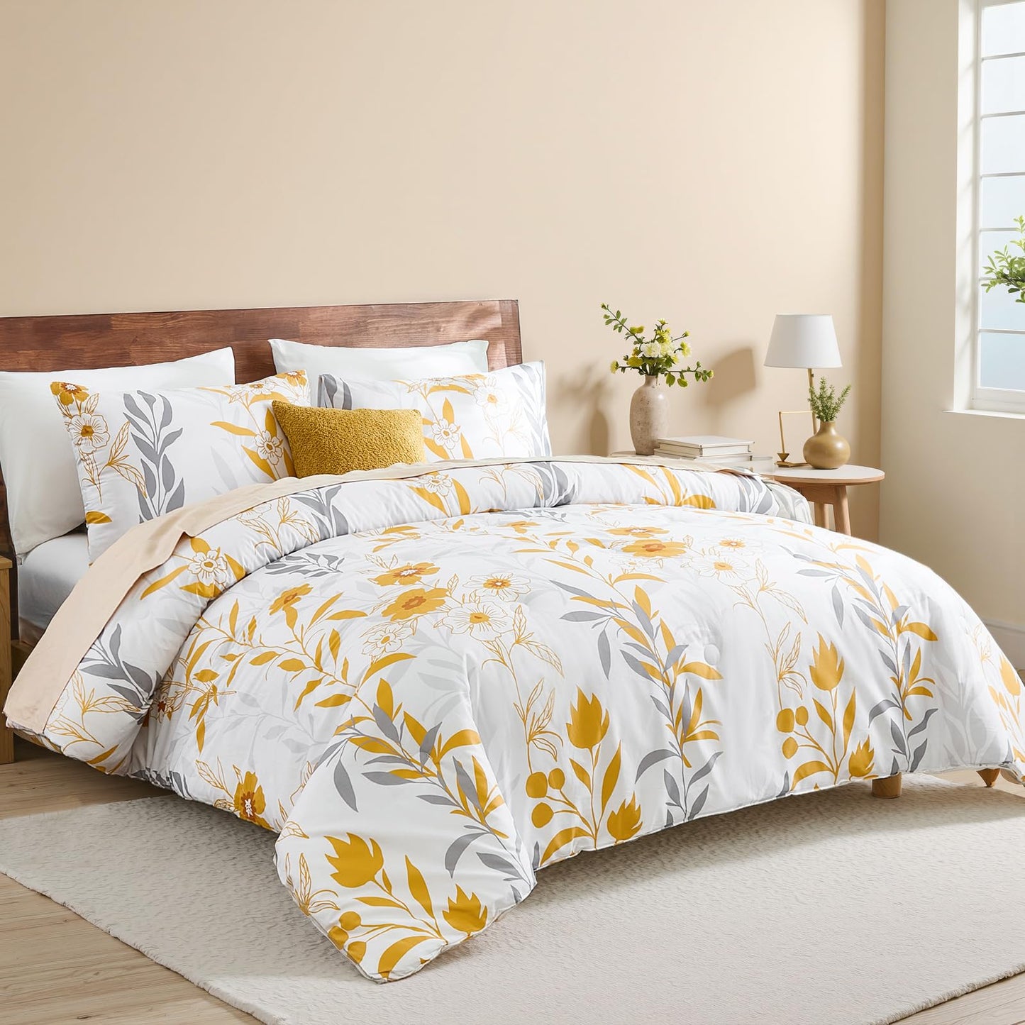 100% Cotton Floral Comforter 3 Pcs Botanical Queen Bedding Set Yellow Flower Grey Leaf Plant Printed Super Soft Cozy Country Rustic Bed Comforter Set All Season