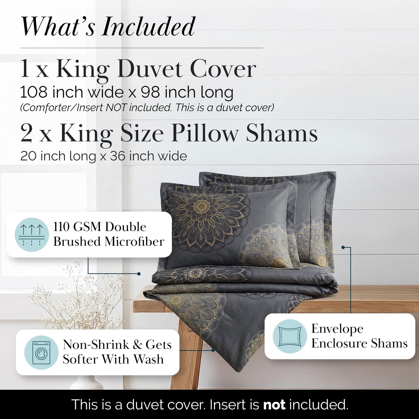 Southshore Fine Living, Inc. Oversized Floral Duvet Cover King Size/California, Reversible Cal King Duvet Cover Set, Pet Hair Resistant Bedding, 2 Pillow Shams, Insert Not Included - Midnight Black