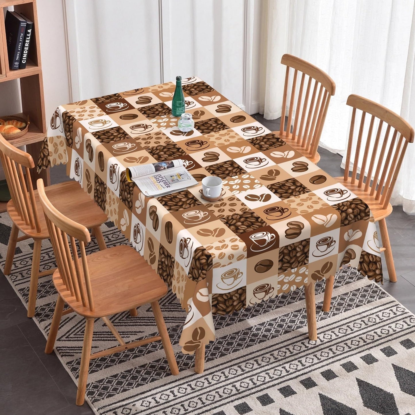 Laeacco 84x60 inch Coffee Beans Print Tablecloth Coffee Cup Hand Drawn Sketch Rectangle Tablecloth Rerto Plaid Waterproof Home Table Cloth for Dining Room Kitchen Cafe Table Decor