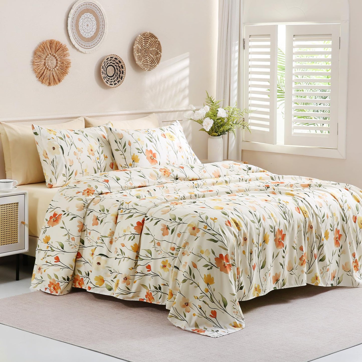 Botanical 6-Piece Full Size Sheets Set, Boho Floral Print Brushed Microfiber Sheets, Cooling Bed Sheet Set, Ultra Soft & Breathable, 16' Deep Pocket Fitted Sheet & Pillowcase Set, Beige Floral