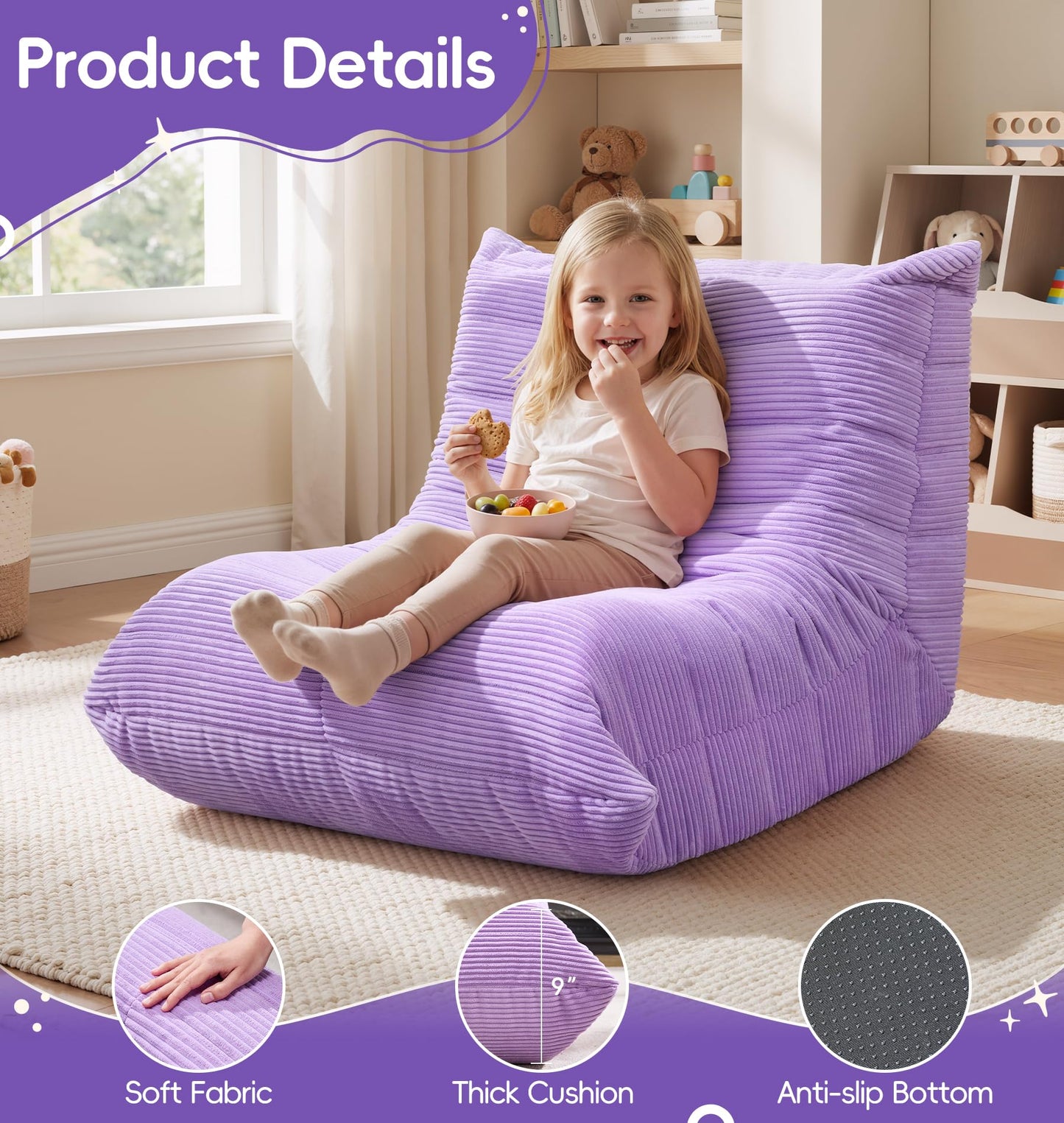 Hobestluk Bean Bag Chair for Kids Toddler Bean Bag Chair with Memory Foam Filler Beanbag with Spacious Design Bean Bag Couch for Reading Gaming Relaxing (Purple, Small)