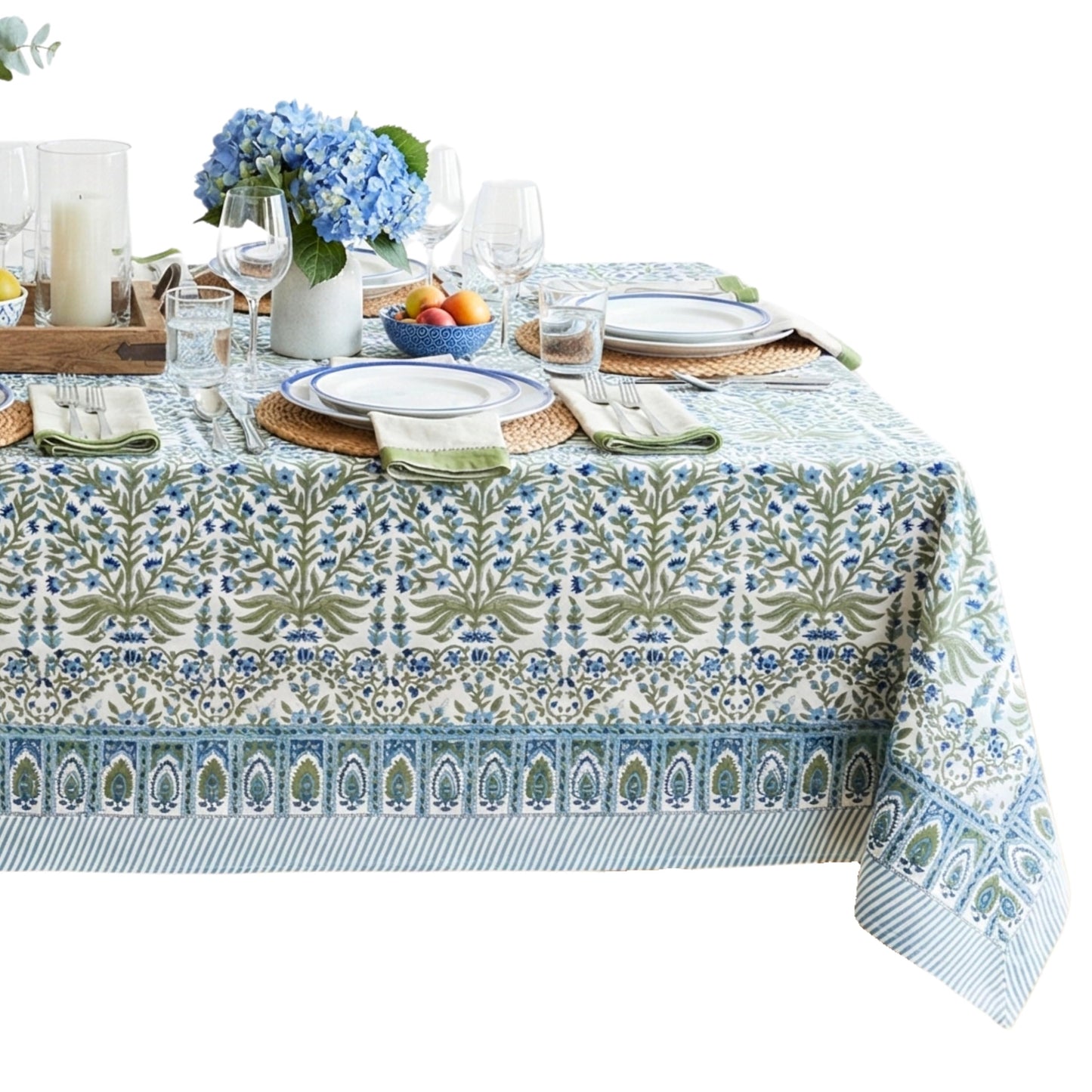 ATOSII Nargis Blue 100% Cotton Rectangle Summer Tablecloth, Indian Block Print Floral Table Cloth I Dining Parties Weddings Outdoors Holidays 60 X 90 Inches 6 Seater I Grandmillennial Farmhouse Boho