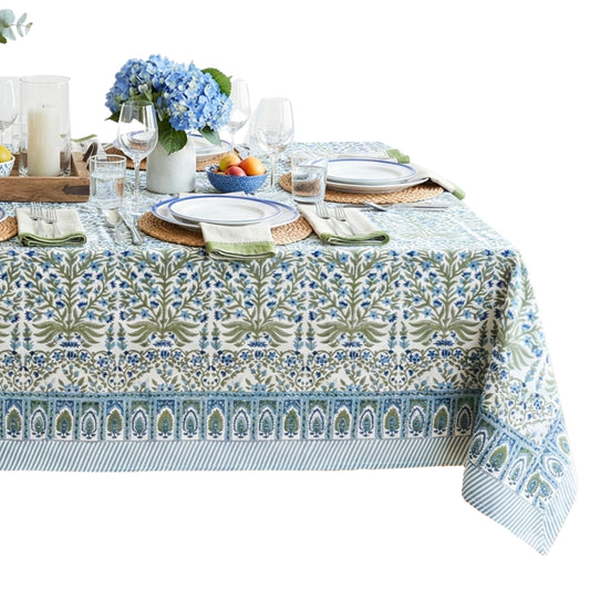 ATOSII Nargis Blue 100% Cotton Rectangle Summer Tablecloth, Indian Block Print Floral Table Cloth I Dining Parties Weddings Outdoors Holidays 60 X 90 Inches 6 Seater I Grandmillennial Farmhouse Boho