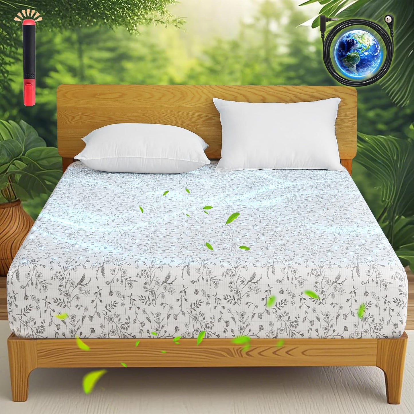 Ivellow Floral Grounding Sheets Queen 10% Pure Silver Fiber 90% Organic Cotton Fitted Sheet Queen Size 16” Deep Pocket Soft Earth Connected Bedding Patterned Fitted Bed Sheet with Grounding Cord