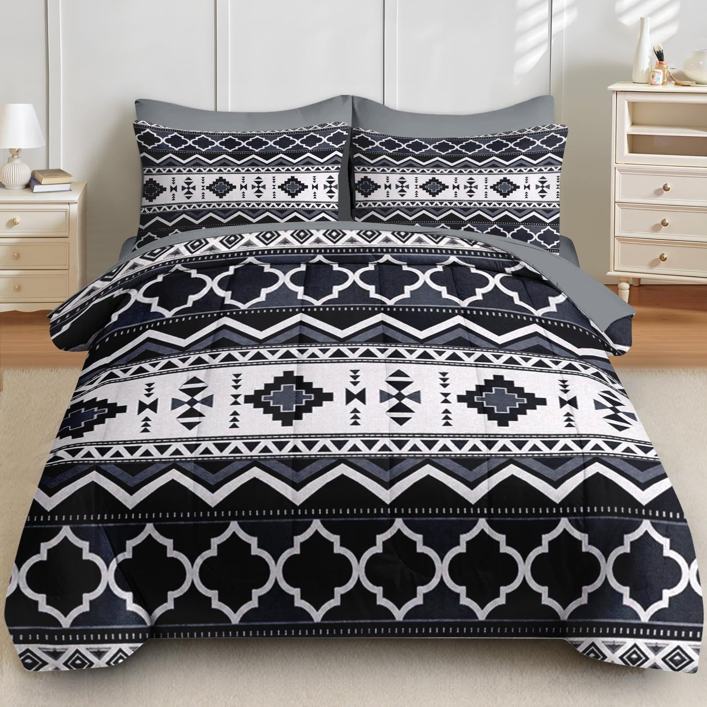 Boewywh Comforter Set King Size, Aztec Southwestern Boho 7 Pcs Bedding for Kids and Adults, Geometric Western Bed Sheet Sets with Fitted Sheet 2 Pillowcases & 2 Shams for Bedroom Bed Decor