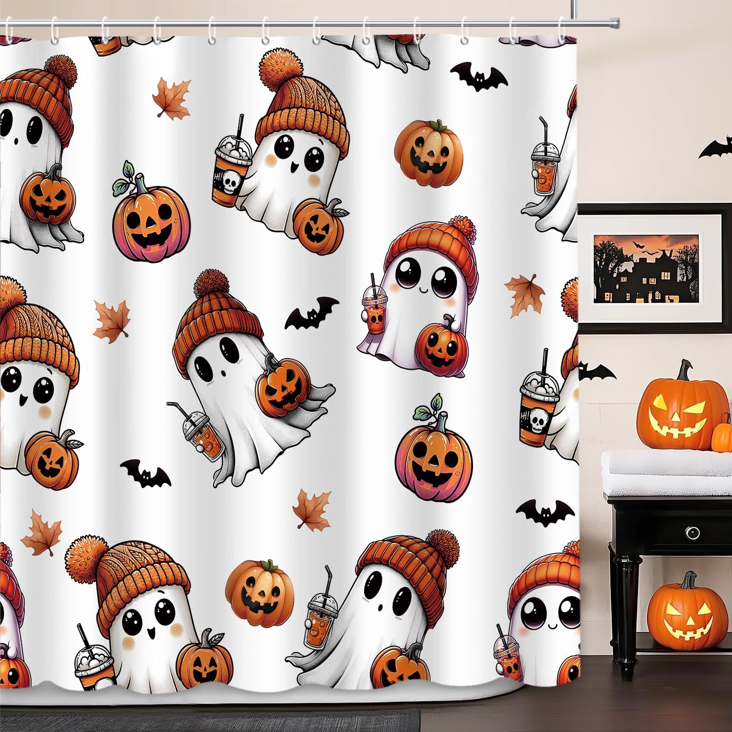 MEHOFOND Halloween Shower Curtain Cute Ghost Shower Curtain Pumpkin Maple Leaves Bat Spooky Halloween Festival Holiday Bathroom Decor Waterproof Fabric Washable with Hooks 72x72 in(White)