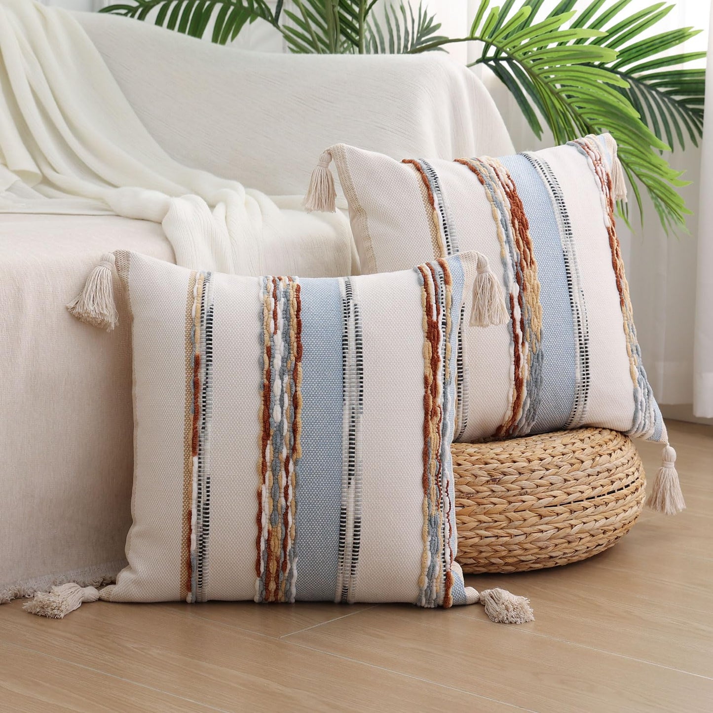 Simmore Boho Decorative Throw Pillow Covers 18x18 Set of 2, Tufted Farmhouse Pillow Covers with Tassels for Cozy Bohemian Couch Sofa Bedroom Home Decor, Blue