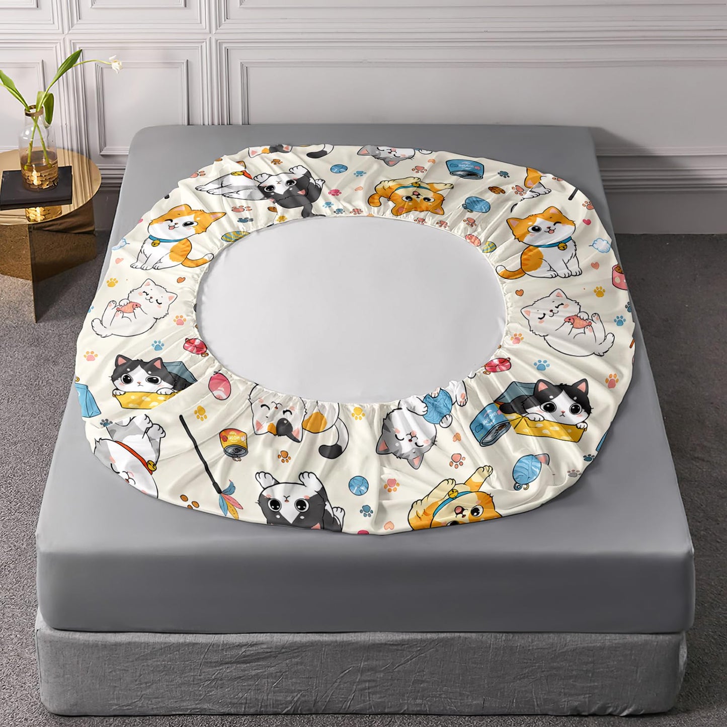 AILONEN Cute Cat Fitted Sheet Twin XL Size, Kitten Pet Animal Bedding, Cream Patterned Mattress Cover, Deep Pocket Microfiber 3 Piece Pillowcase Nursery Accessory Bottom Protector