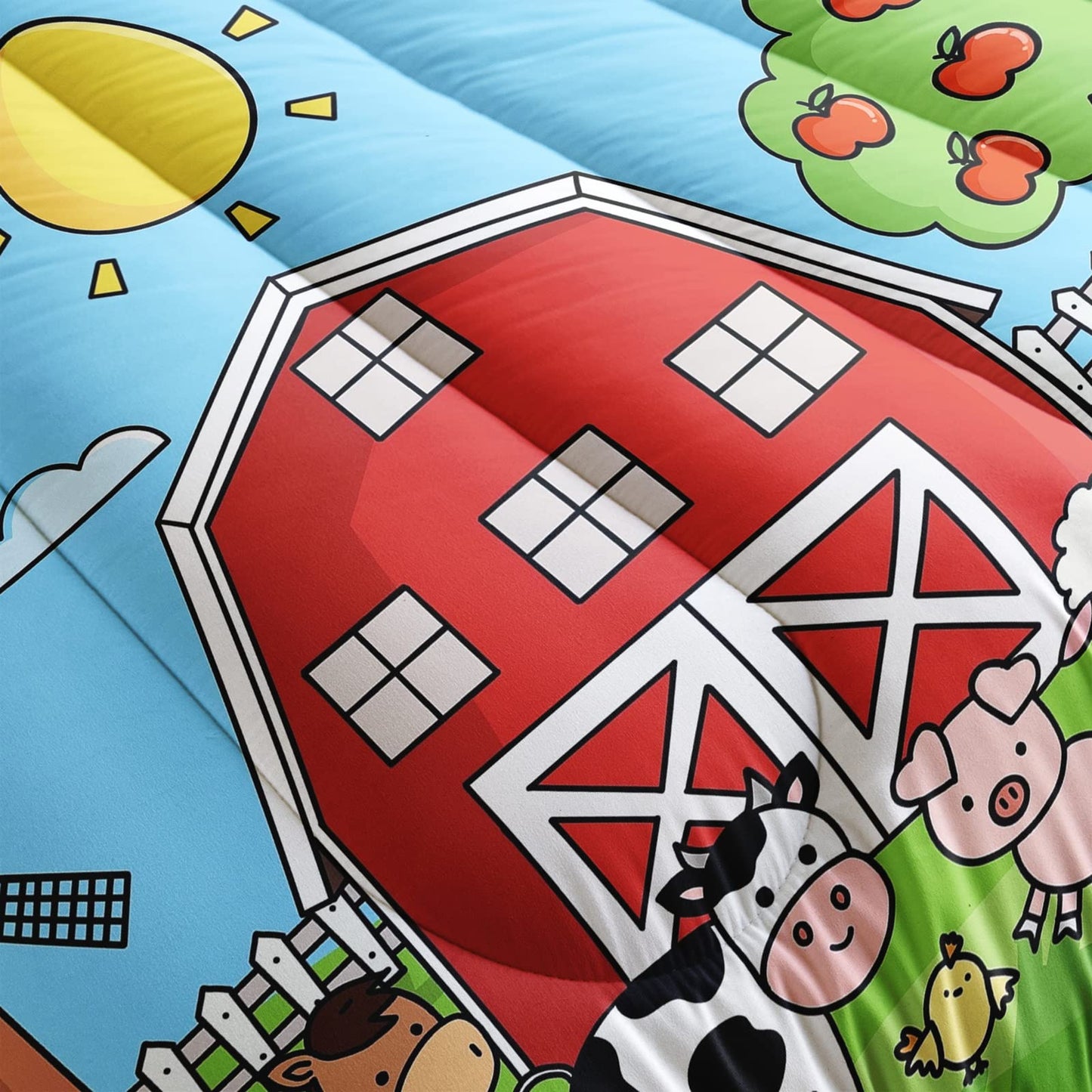 QOOMO Farm Animals Comforter,Farmhouse Comforter Set for Kids Teens Girls Boys,Cartoon Animals 3Pcs Bedding Set Printed Comforter with 2 Pillowcases,Down Alternative,Soft and Lightweight，Queen Size