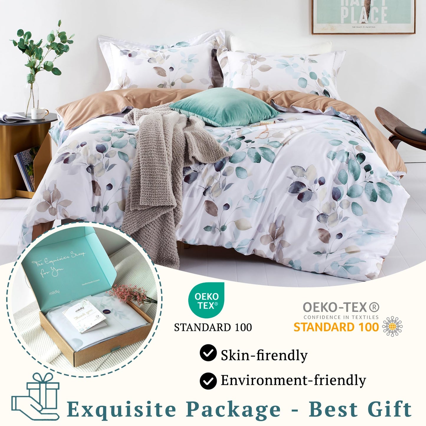 MILDLY Floral Duvet Cover Set - 100% Long-Staple Cotton Green Leaves Pattern Printed Comforter Cover 3pcs Soft Breathable Luxury Lightweigt Bedding for All Season
