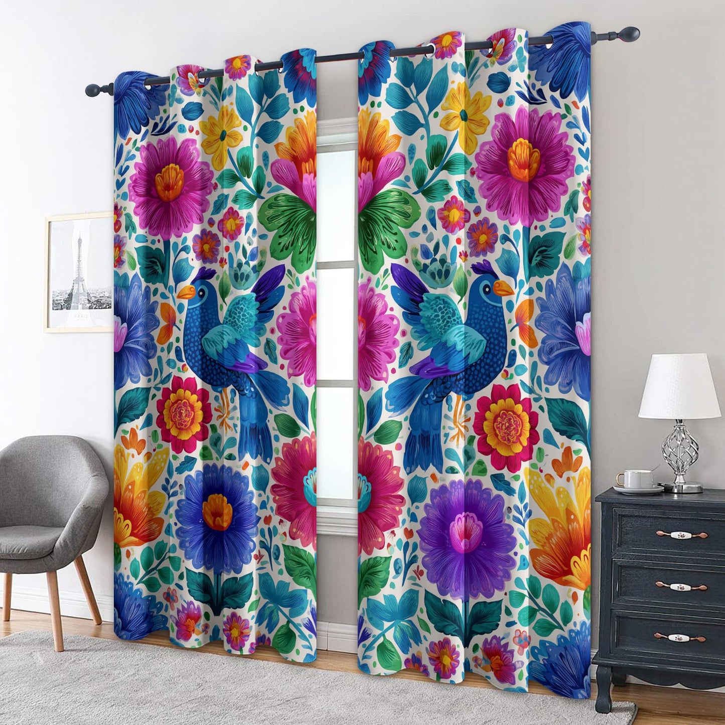 Mexican Floral Bird Bedroom Curtains 39 Inch - Colourful Folk Flower Printed Living Room Curtains, Mexican Floral Bird Home Decor Blackout Window Drapes with Grommet, 2 Panels Set - HL2547