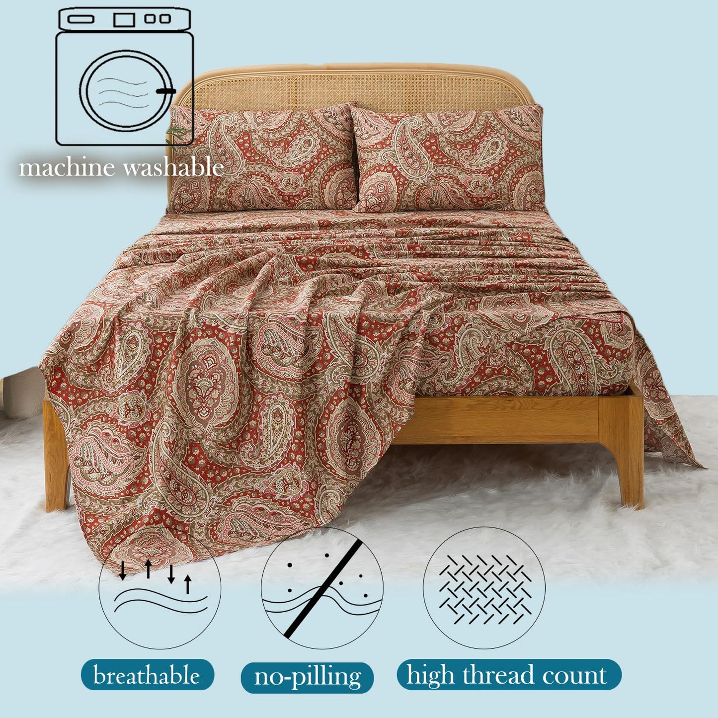 Zusbest Queen Size Bed Sheet Set 100% Cotton Burgundy Red Paisley Patterned Sheets Luxury Soft Breathable Crispy Cooling Percale Boho Bed Set Deep Pocket 17.5 Inches, 4 Pieces