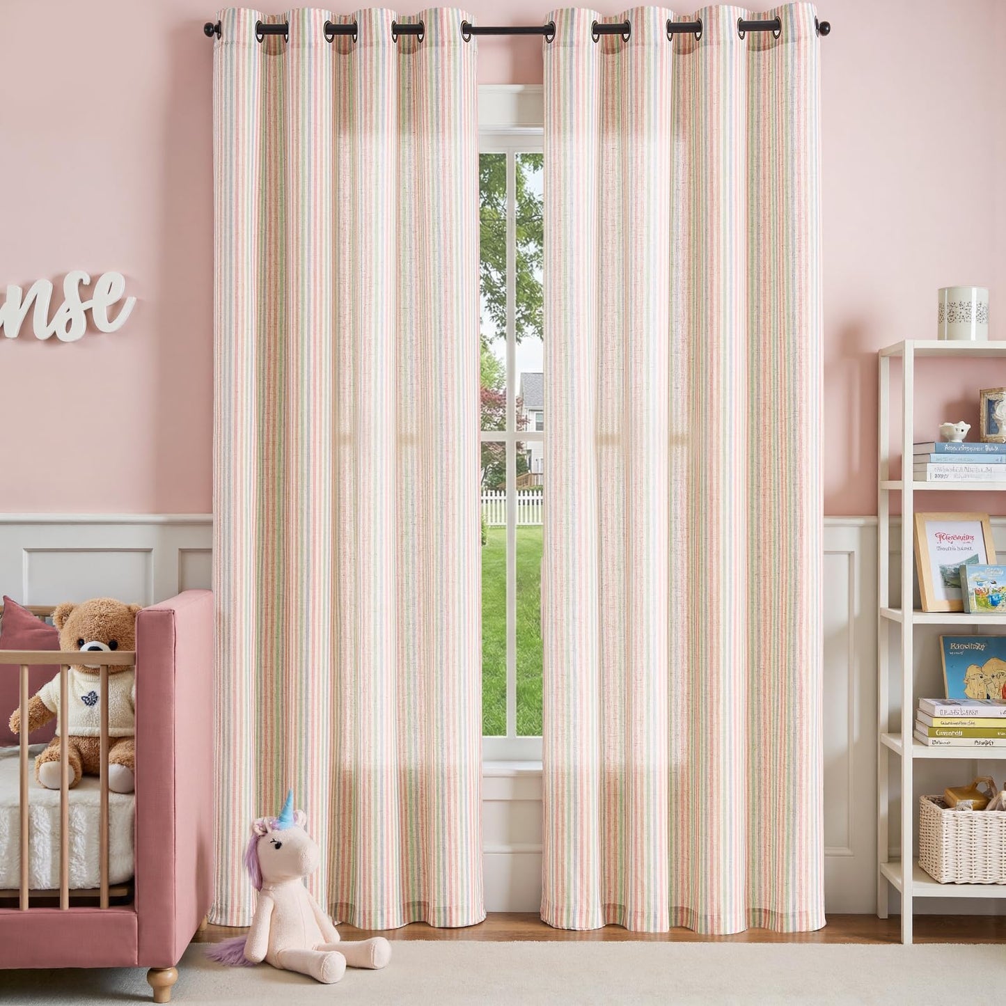 jinchan Linen Curtains for Living Room Candy Striped Curtains 84 inch Length for Baby Girls Kids Room Ticking Stripe Pattern Light Filtering Nursery Drapes Grommet Window Treatments 2 Panels Candy