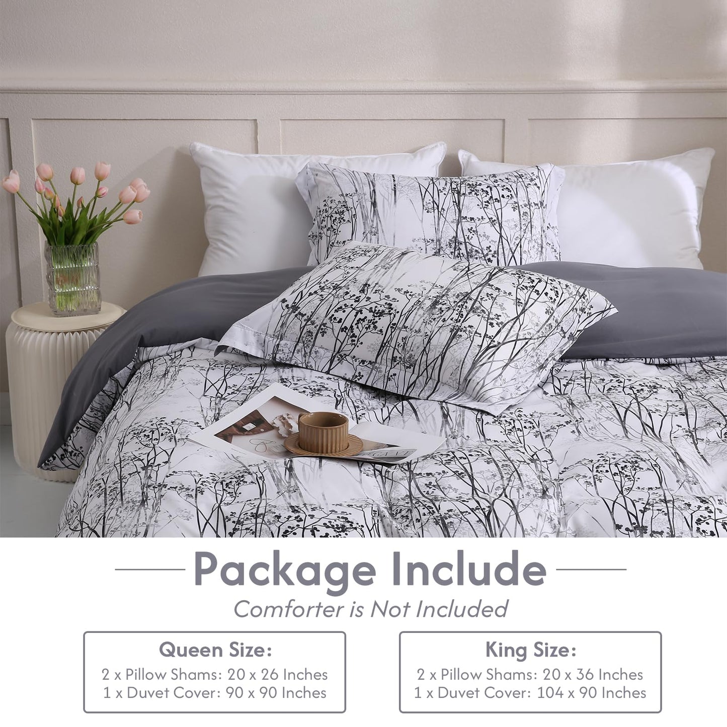 LONAVA Queen Botaincal 3 Pcs Duvet Cover Set, Breathable Soft Microfiber Deep Grey Lining Comforter Cover with Zipper Closure, and 2 Anti-Pilling, Fade Resistant Pillowcases, Winter Forest