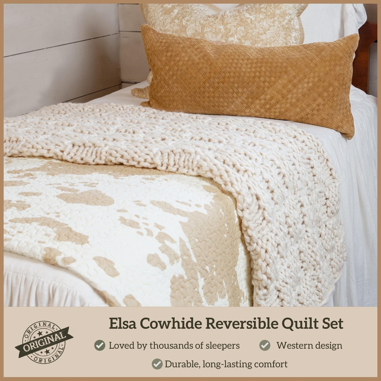 Paseo Road Elsa Queen Cotton Quilt Set, 3 Piece Western Bedding Set with Pillow Shams, Light Tan Cow Print Reversible Quilt, Soft Cozy Rustic Farmhouse Bedding, Lightweight Quilt, Southwestern Bedding