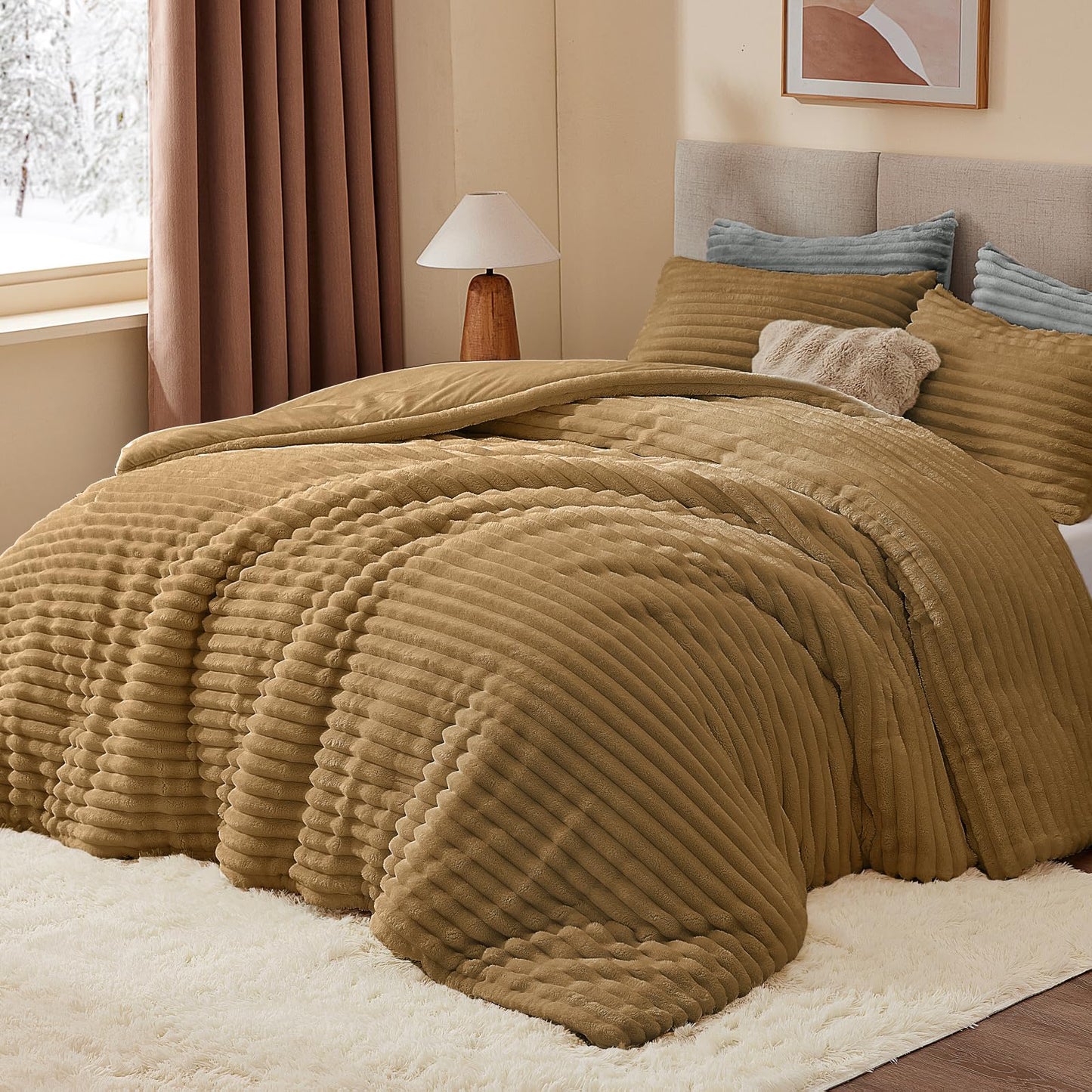 BEDELITE Fleece Queen Comforter Set -Super Soft & Warm Fluffy Brown Bedding, Luxury Fuzzy Heavy Bed Set for All Season with 2 Pillow Cases