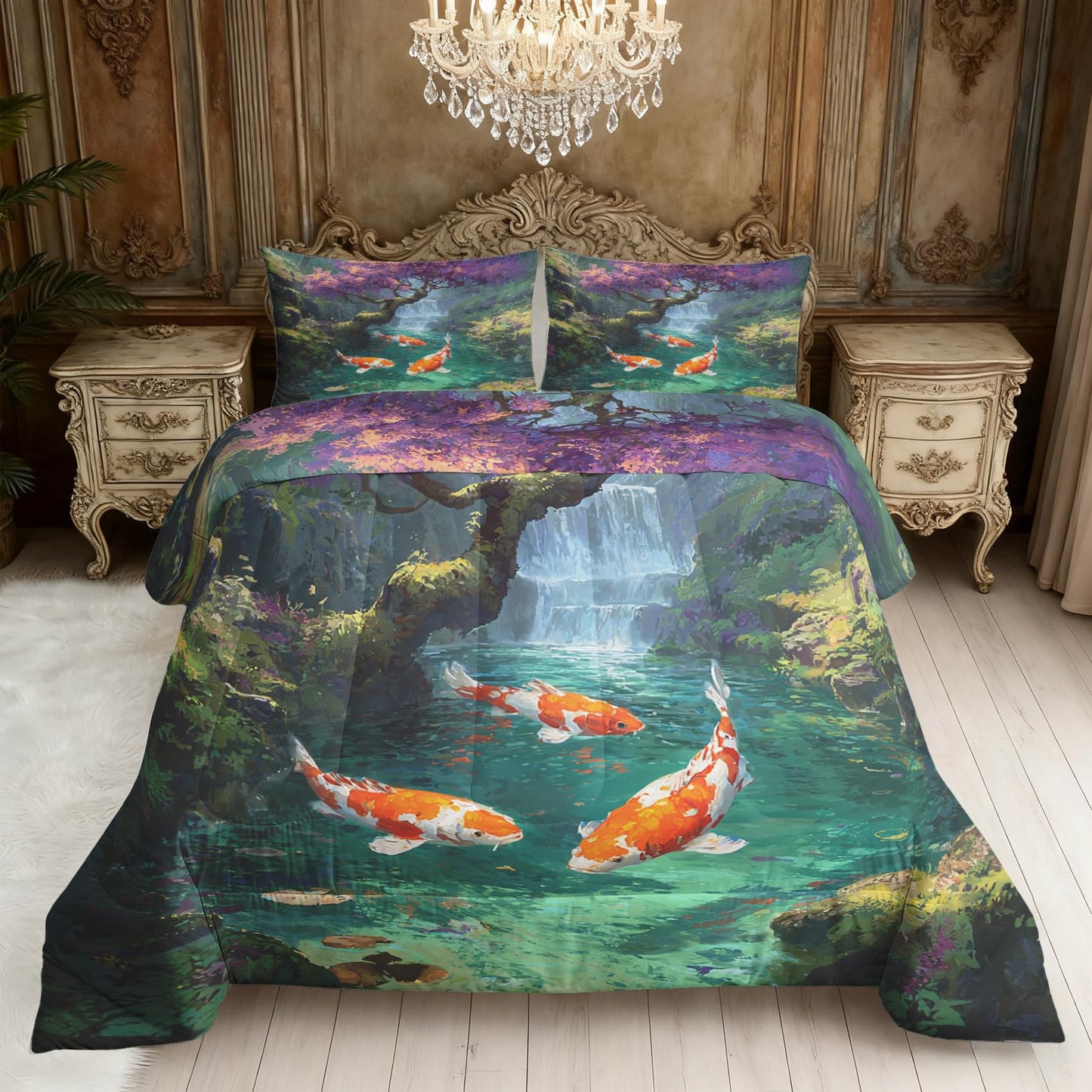 TANCAPRIUM Koi Fish Comforter Set Twin - Japanese Asian Bedding Set & 2 Pilow Cases for All Season - Soft Reversible Down Alternative 3 Piece. Fishing Bedrom Decor