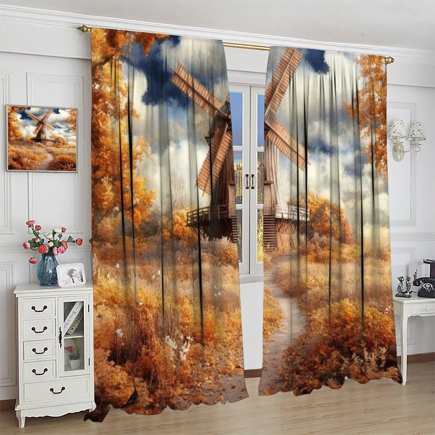 WDHTEXT Rustic Windmill Scenery Blackout Curtains, Thermal Insulated Path Tree Rod Pocket Window Drapes for Living Room Bedroom Decor, 2 Panels, Each 21W x 45L