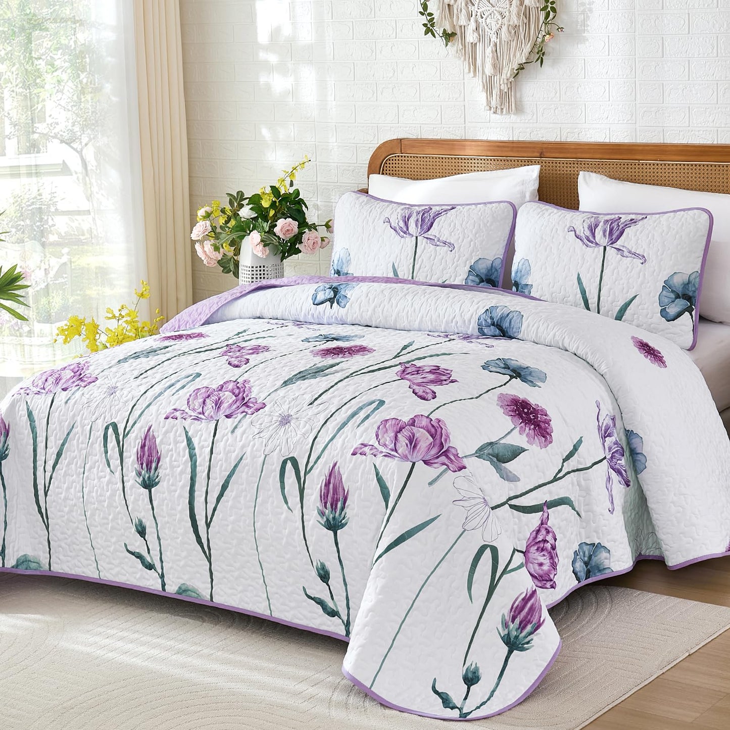 WONGS BEDDING Purple Queen Quilt Set, 3 Pieces Light Purple Floral Bedspread Coverlet Set, Lightweight Spring Farmhouse Cute Botanical Quilts Bedding Set (96"x90")