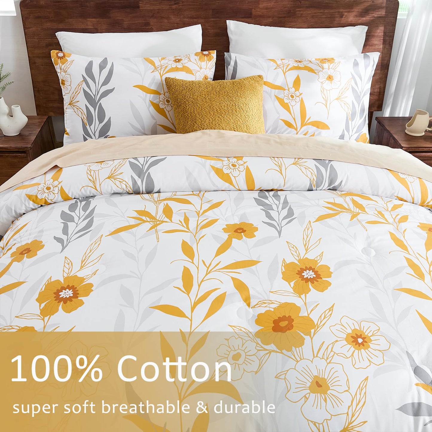 100% Cotton Floral Comforter 3 Pcs Botanical Queen Bedding Set Yellow Flower Grey Leaf Plant Printed Super Soft Cozy Country Rustic Bed Comforter Set All Season