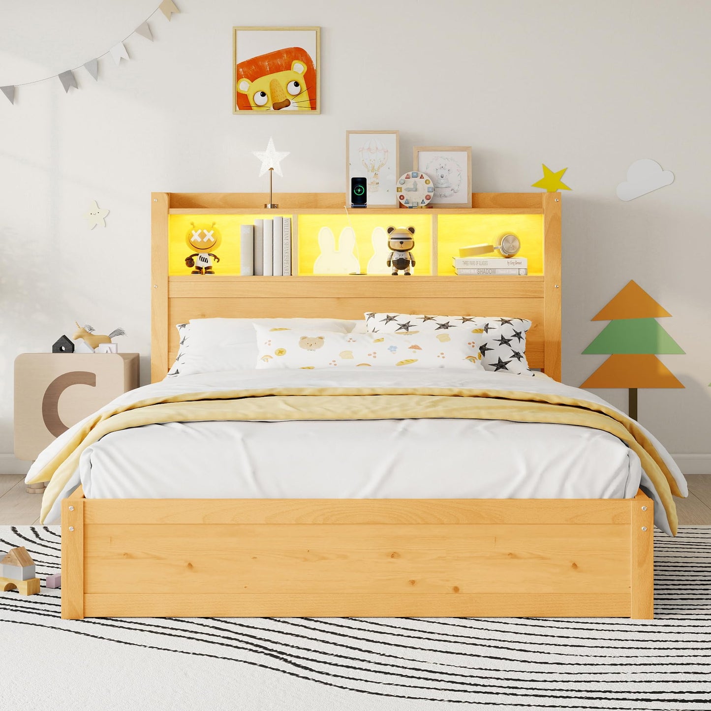 KEIKI Full Size Wood Platform Bed Frame with Storage Headboard & Pull Out Storage Cabinet & 2 Drawers, Modern Bed with Solid Slats & Socket, No Box Spring Required, Easy Assembly, for Bedroom, Natural