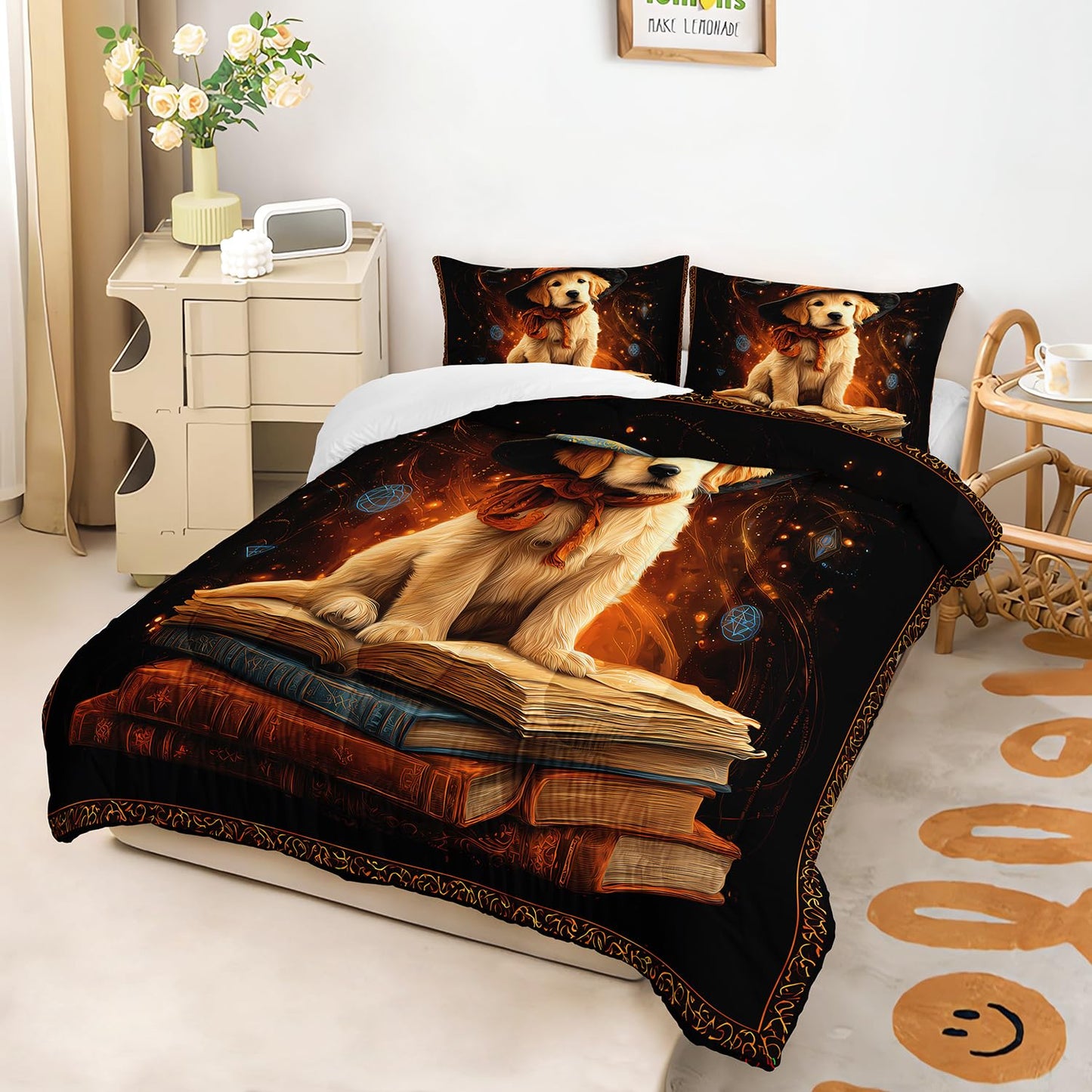 XYNHML Kawaii Retriever Dog Comforter 3Pcs Twin Lovely Wizard Hat Puppy Bedding Set for Kid Teen Girl Boy Teen Adult Wild Animal Mysterious Magic Book Quilt Bed Decor with 1 Comforter & 2 Pillowcases