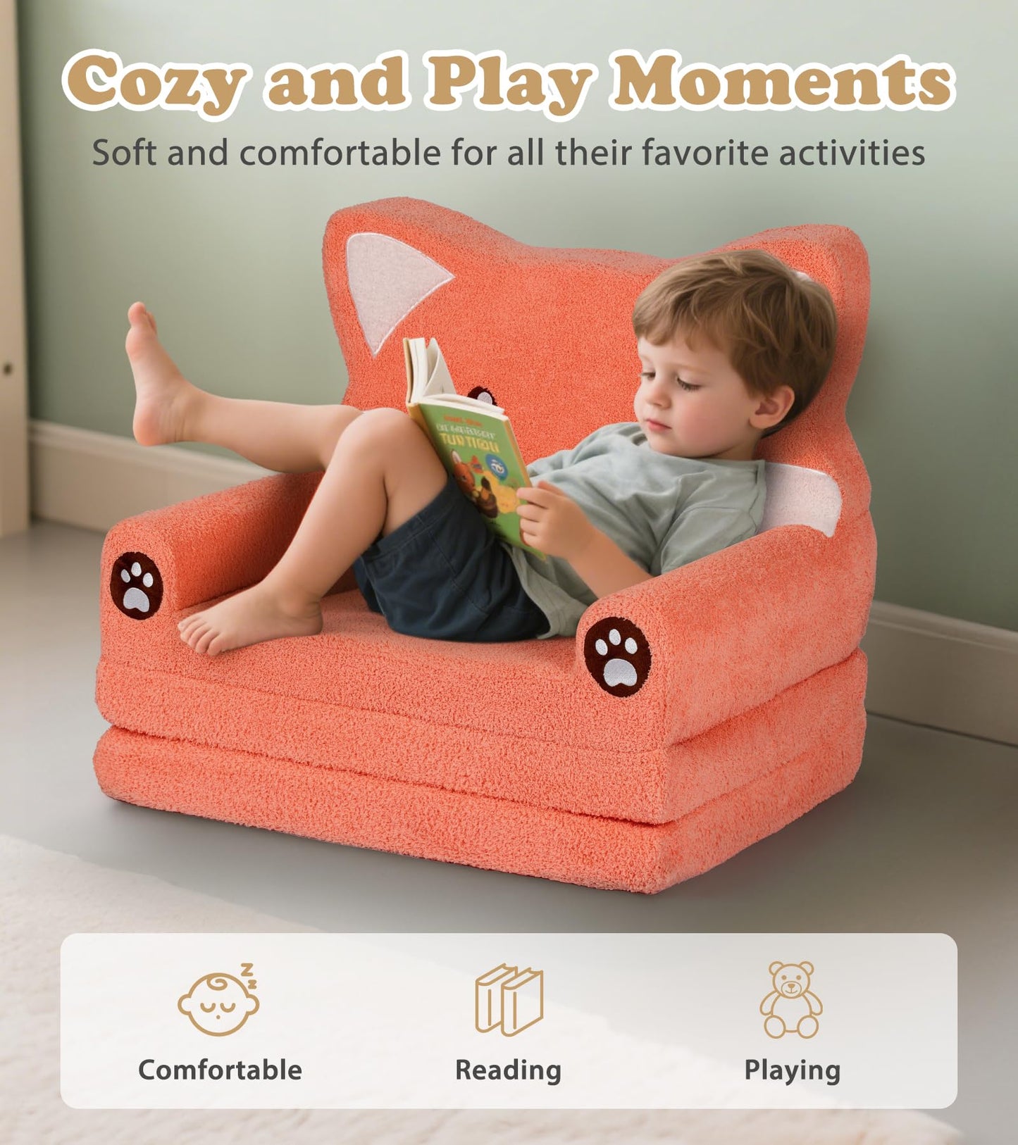 Foryoomi Kids Couch, 2-in-1 Soft Toddler Couch Fold Out with Blanket, Chair Comfy, Foldable Convertible Plush Sofa, Gifts for Kids Girl Boys, Fox