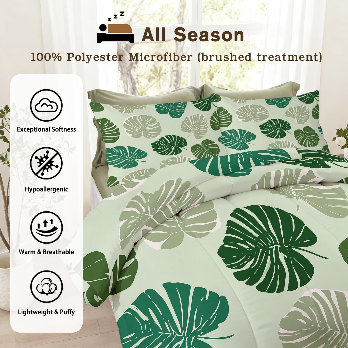 Palm Leaf Comforter Set King Size 3Pc, Green Tropical Plants Pattern Down Alternative Bed Comforter, 2 Pillow Shams, Soft All Season Bedding, Leaf Bedroom Decor A9