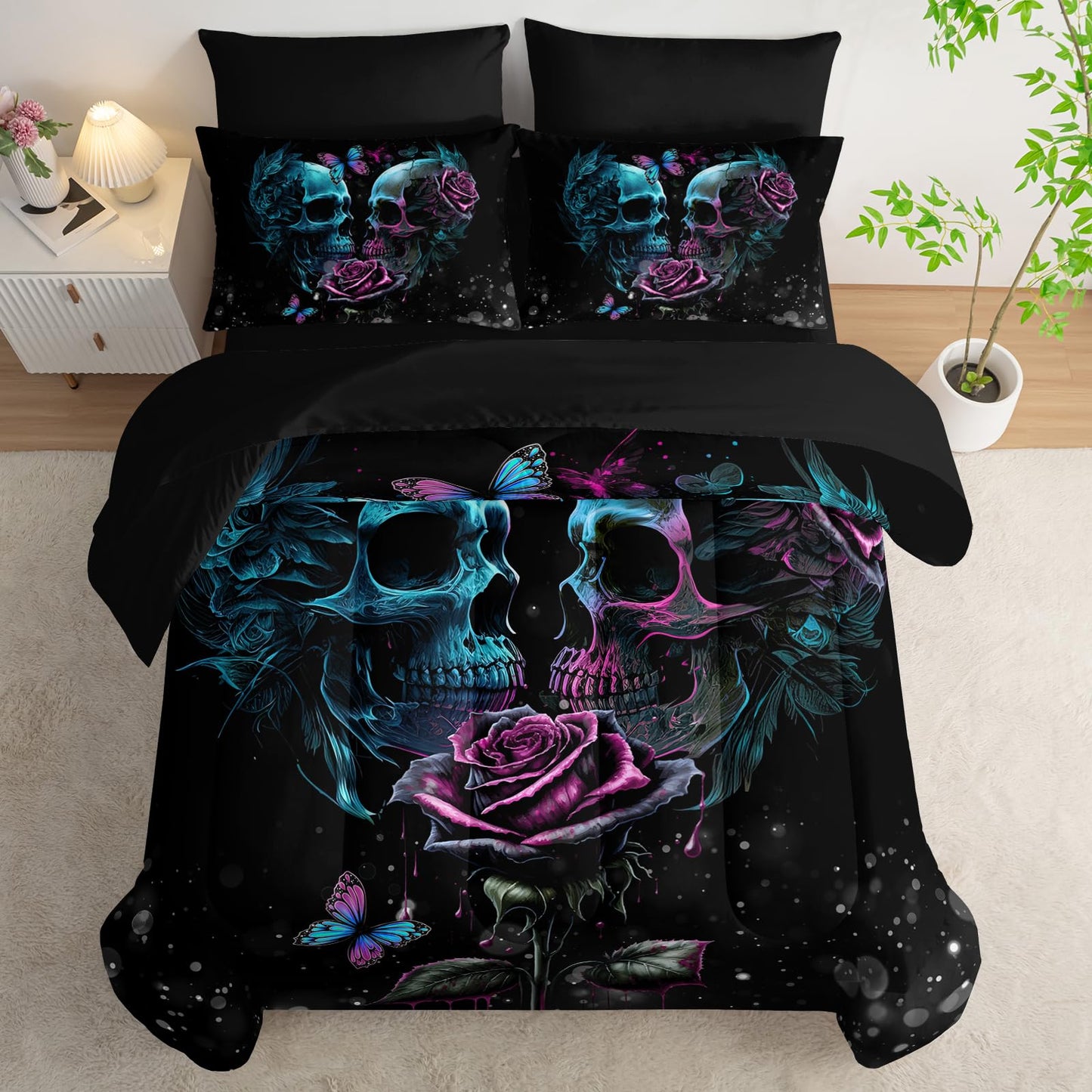 AILONEN Sugar Skull Comforter Set Twin Size,7-Piece Soft Bed in a Bag,Rose Skull Couple Black Comforter & Fitted Sheet & Flat Sheet & 2 Pillowcases,2 Pillow Shams for Bedroom