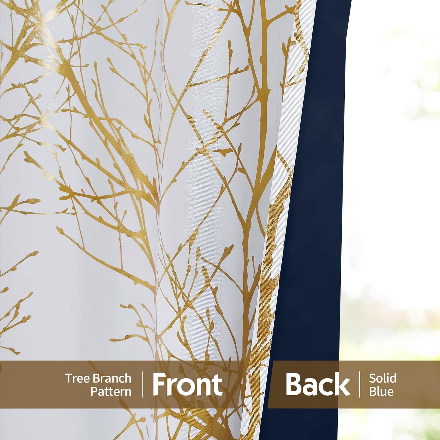 FMFUNCTEX 100% Blackout Curtains White Gold Tree for Living Room, Curtains 84 Inches Long Foil Branch Patterned Panels for Bedroom, Thermal Insulated Drapes for Home Office Grommet Top 2 Panels