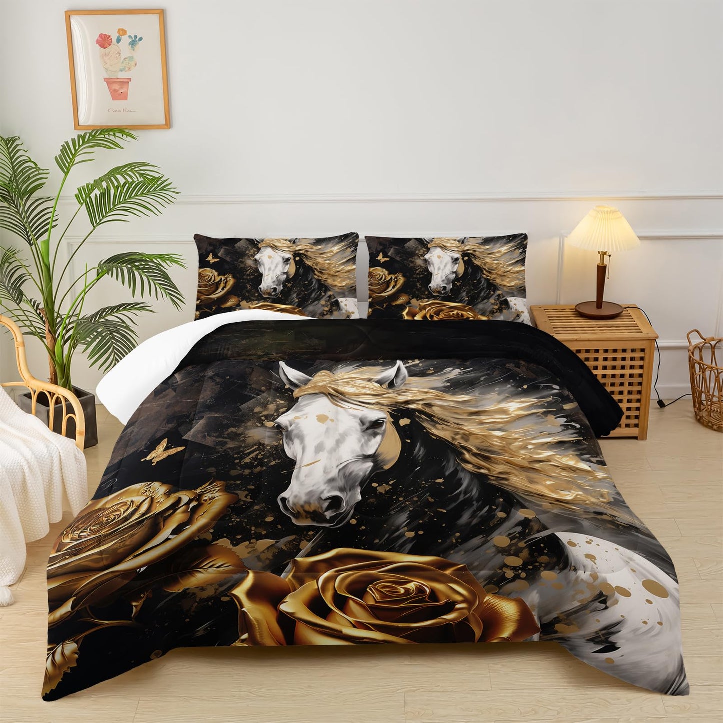 lneffble White Horse Style Comforter Set Twin Size，Gold Rose Floral Bedding Sets Twin，Butterfly Quilt Pattern，Western Bedroom Decor