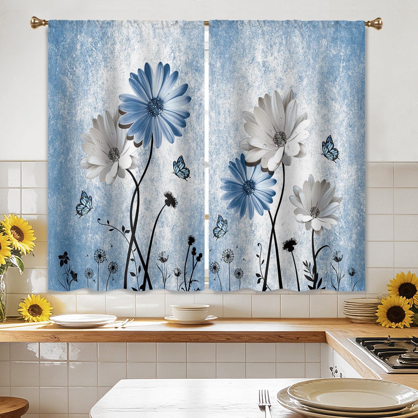 Cizuug Rustic Blue Daisy Floral Kitchen Curtains Farmhouse Flower Small Short Cafe Window Curtains Butterfly Country Rod Pocket Bathroom Window Drapes Treatment Tier Curtains 2 Panels (27.5x39 Inch)