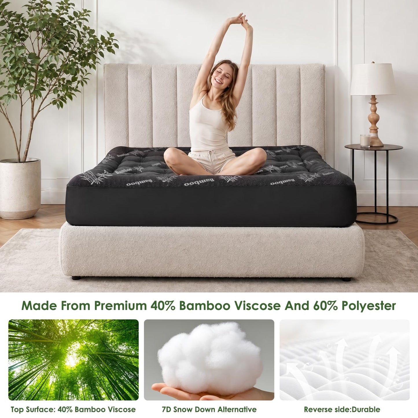 Queen Mattress Topper Viscose Derived from Bamboo, Cooling Thick Pillow Top Mattress Pad with Deep Pocket for 8"-21" Mattress, Soft Breathable Mattress Topper for Back Pain Relief, Black