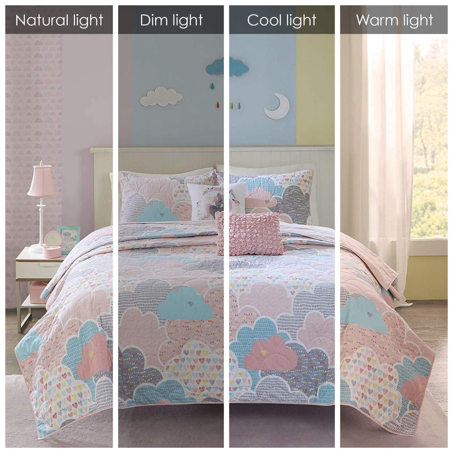 Intelligent Design Kids Reversible Cotton Quilt Set - Vibrant Fun, Playful Print, All Season Children Bedding Coverlet Bedspread, Decorative Pillow, Bedroom Décor, Full/Queen, Cloud Pink 5 Piece