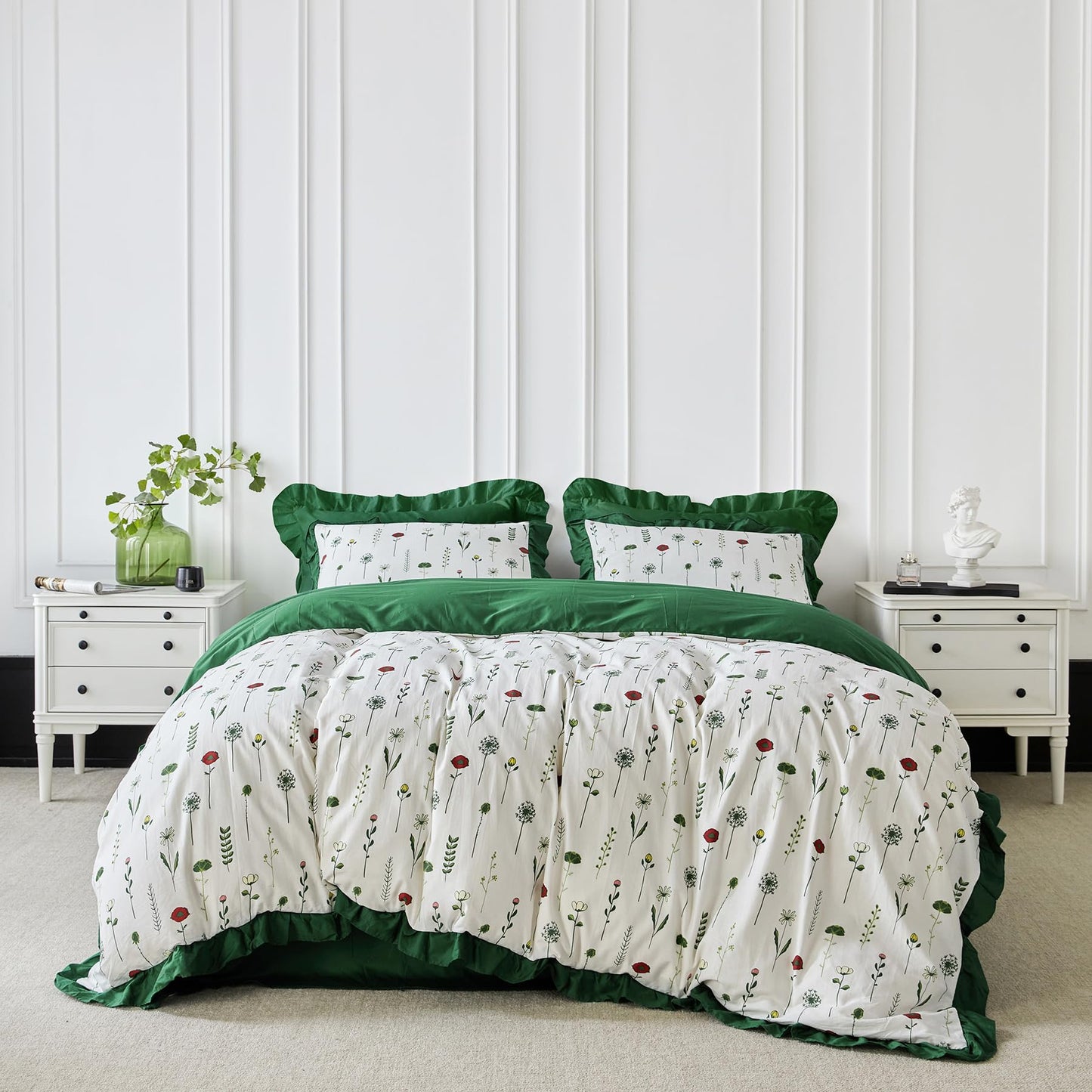 SUSYBAO Emerald Green Ruffle Duvet Cover Queen 100% Cotton 3 Pieces Set 1 White Red Floral Duvet Cover with Zipper Ties 2 Pillow Shams Garden Green Dandelion Botanical Bedding Set Soft