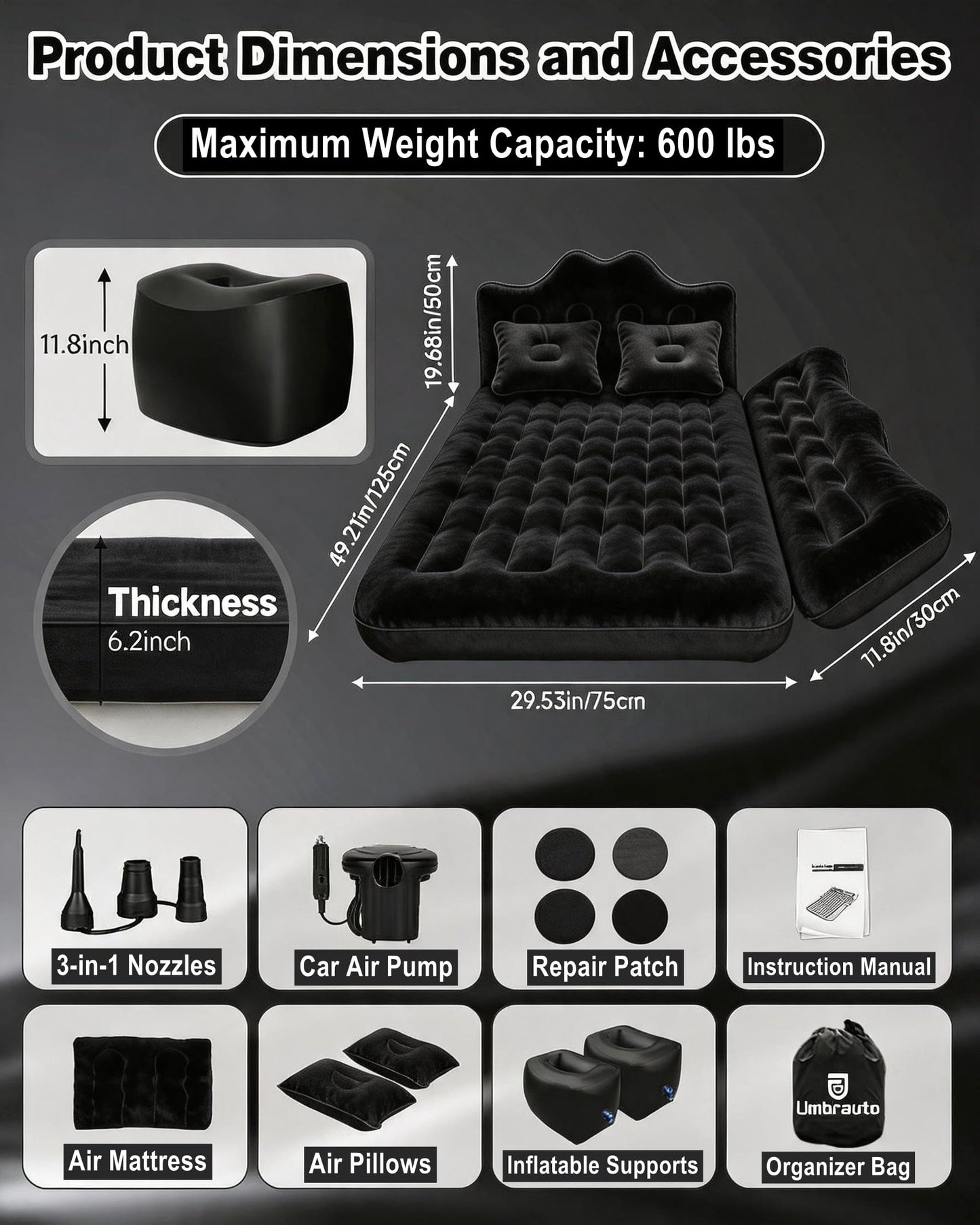 Umbrauto Car Air Mattress Backseat| Inflatable Truck Back Seat Camping Airbed for SUV Rear Seat, Blow Up Sleeping Travel Bed for Van Trunk with Pump & Pillows