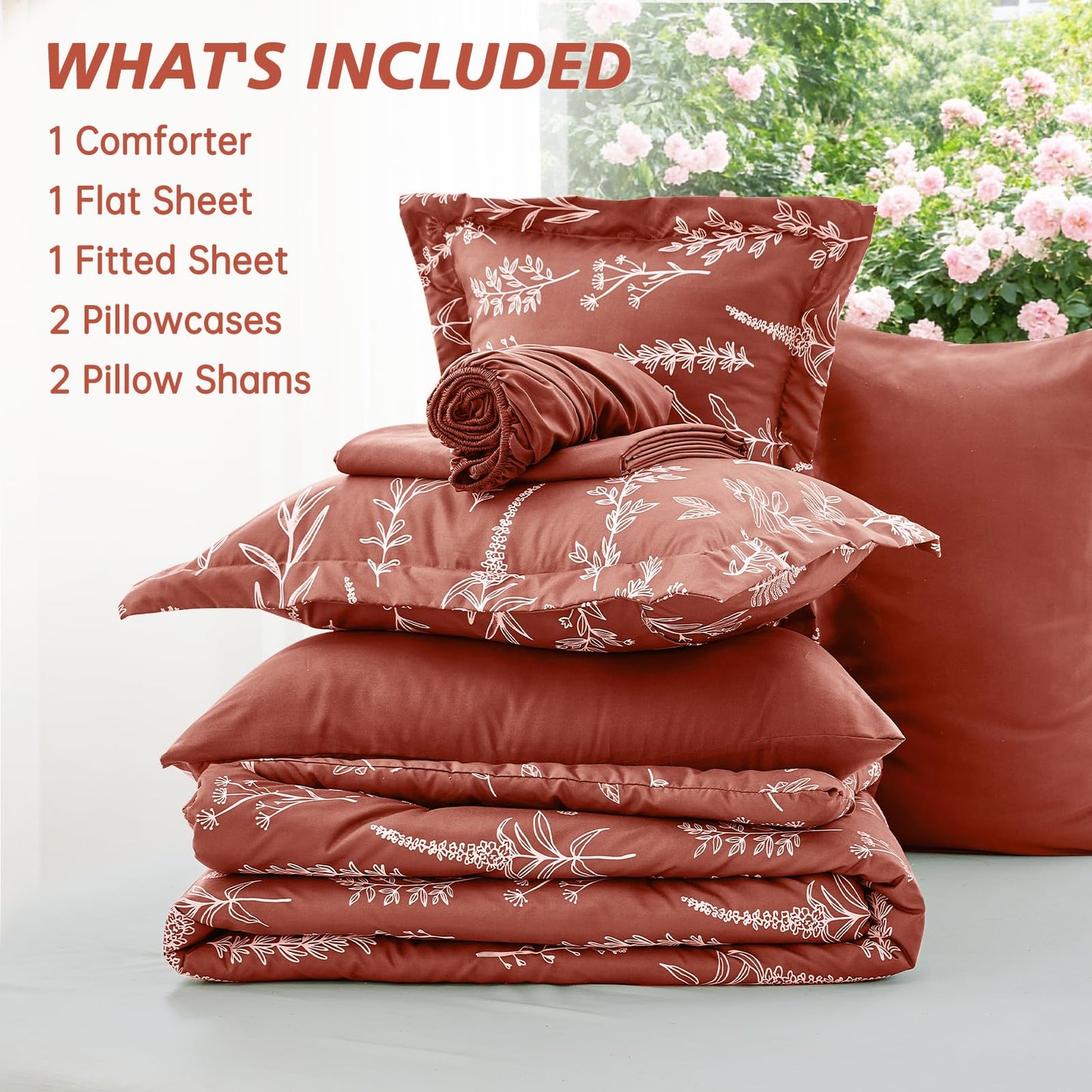 MUXHOMO Terracotta Bed in a Bag Queen 7 Pieces, Queen Comforter Set Reversible Botanical Flowers Design, Ultra Soft & Breathable Bedding Sets with Comforter, Sheets, Pillowcases & Shams