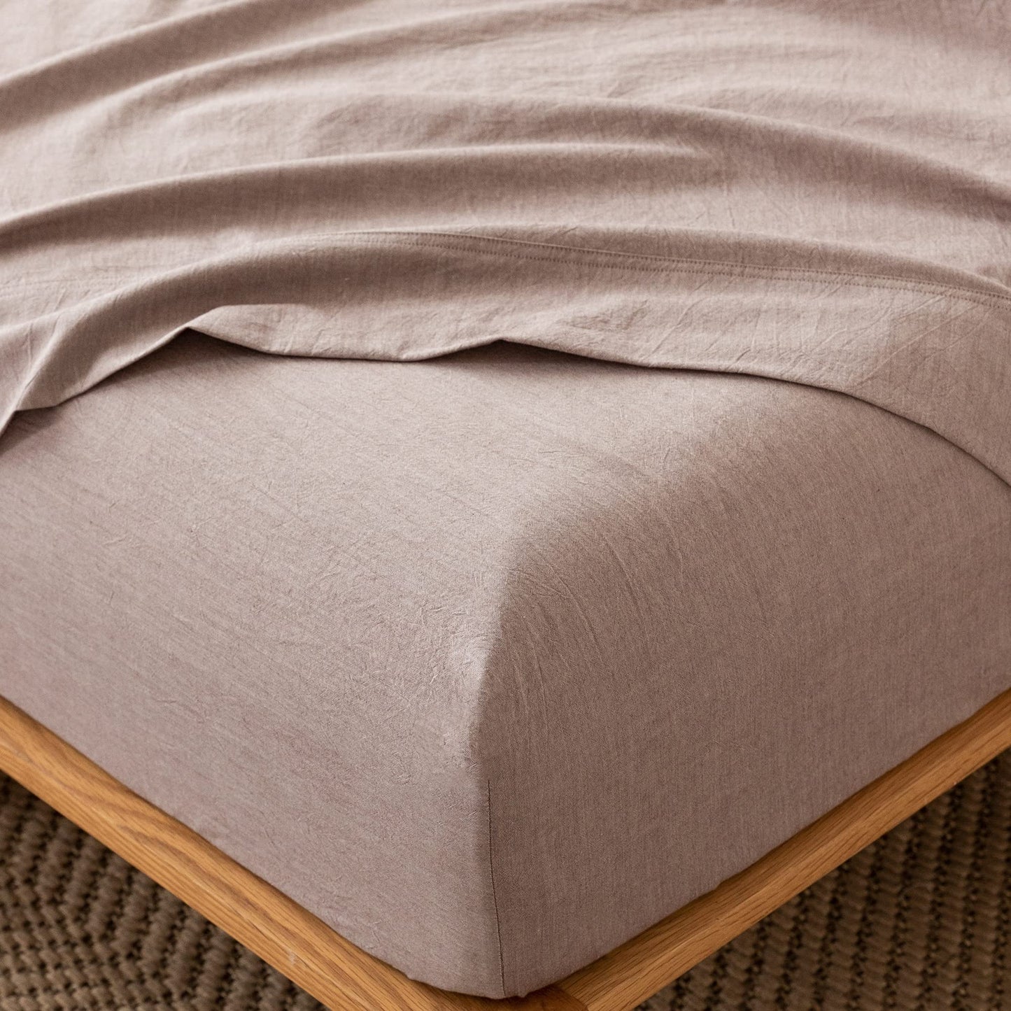 MooMee Fitted Bottom Sheet Only 100% Washed Cotton Linen Like Textured Breathable Durable Soft Comfy Deep Pocket Fits Mattress up to 17" (Mauve Brown, Queen)
