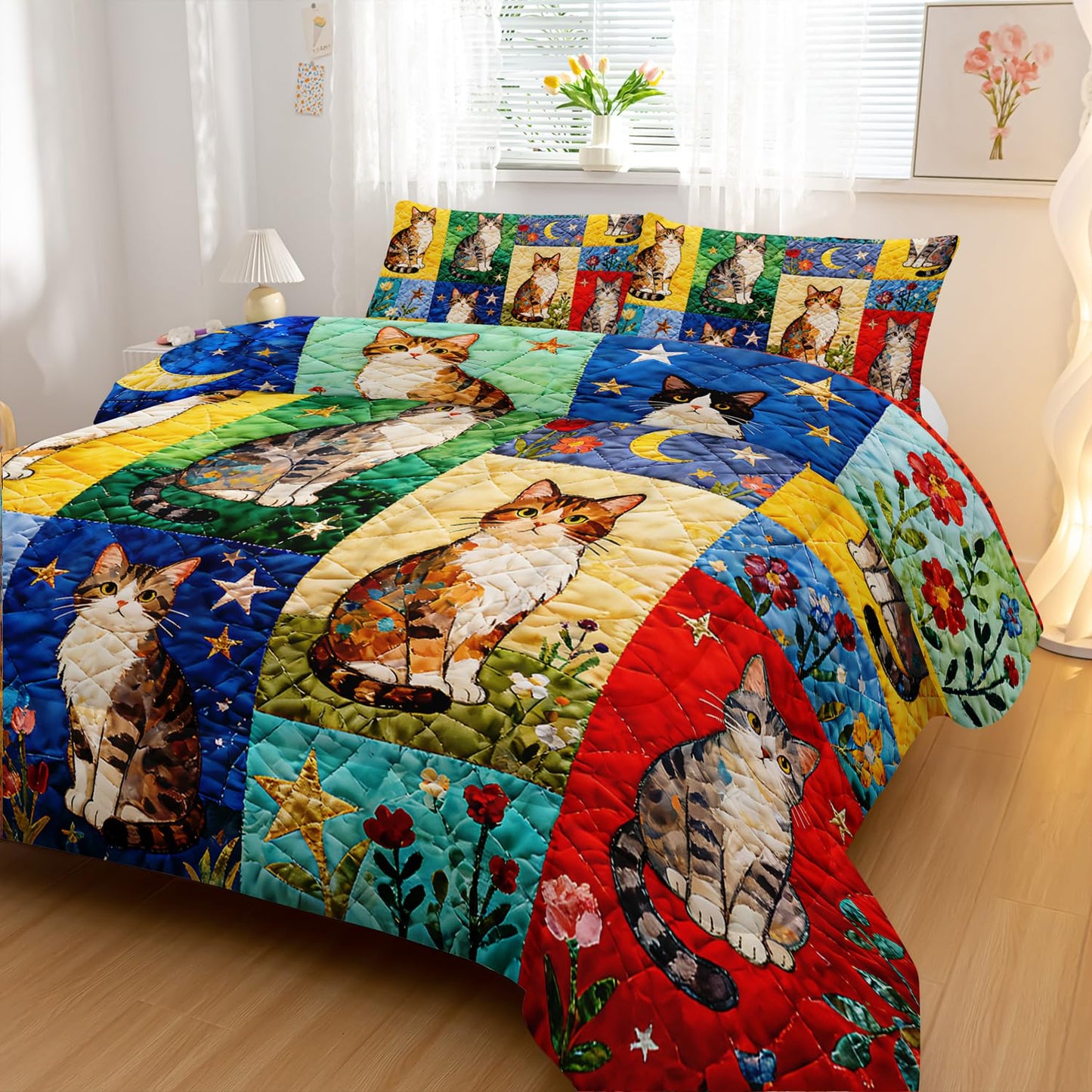 Nttopship Cartoon Cat Comforter Set Full Size 3PCS,Cat Puzzle Bedding Set for Teen Adult,Floral Cat Animal Themed Room Decor Ultra-Soft Lightweight Microfiber with 2 Pillowcases