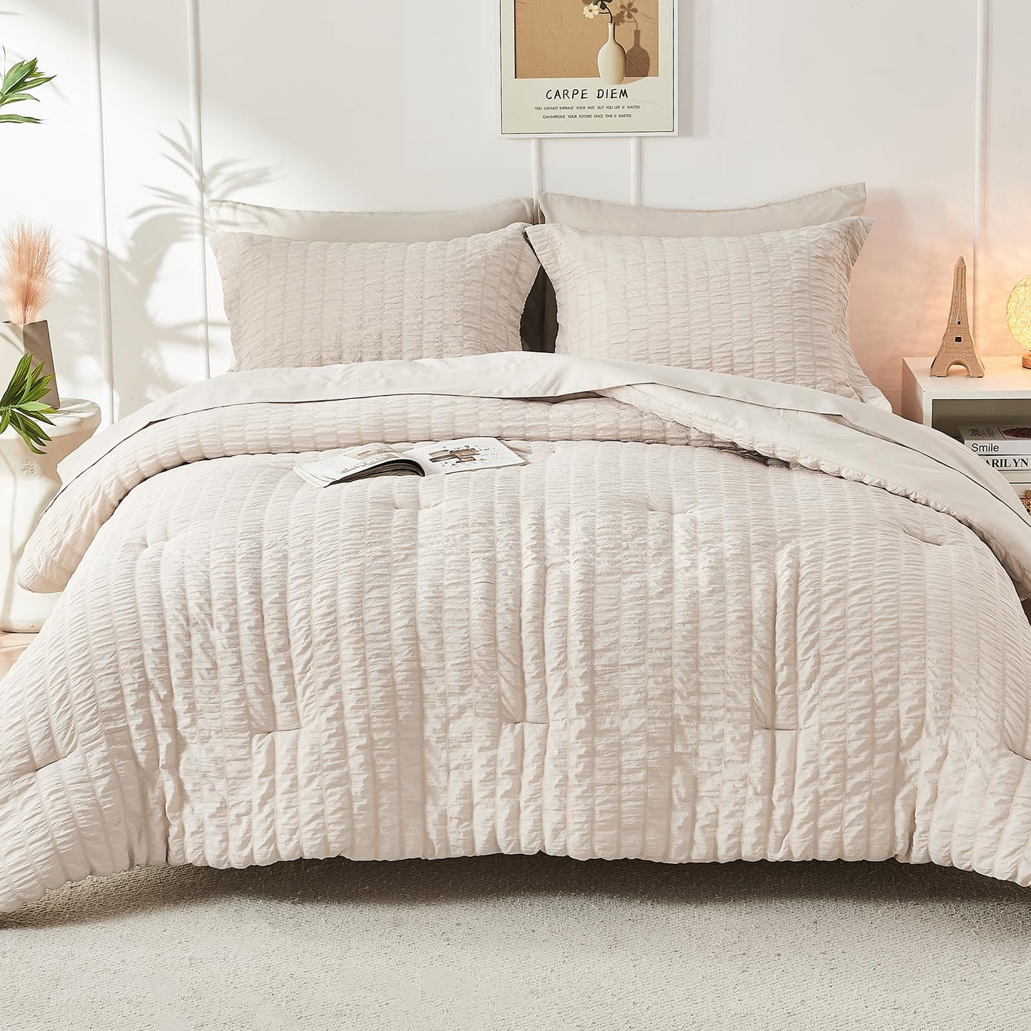 HYMOKEGE Beige Full Size Comforter Sets Seersucker 7 Pieces, All Season Luxury Bed in a Bag for Bedroom, Bedding Set with Comforters, Sheets, Pillowcases & Shams