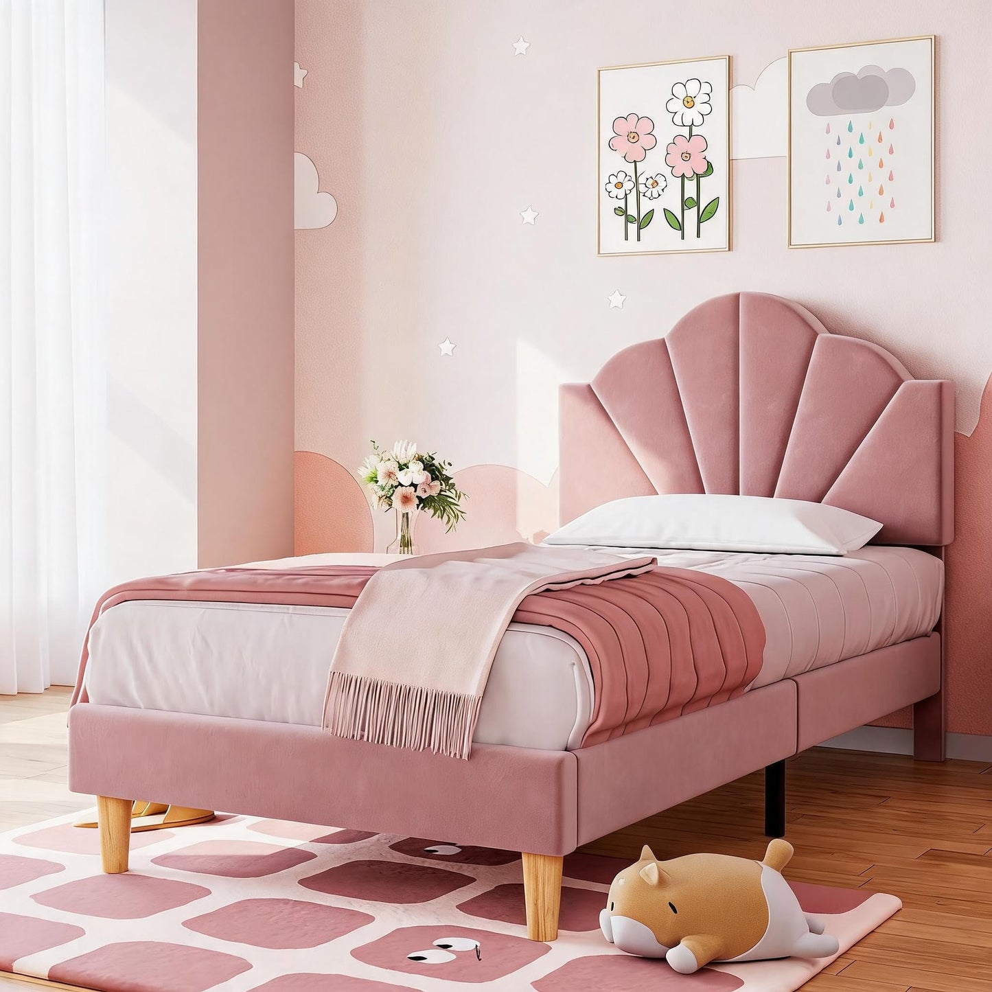IDEALHOUSE Twin Bed Frame, Velvet Upholstered Platform Bed Frame with Height Adjustable Headboard for Boys & Girls, Wood Slat Support, Easy to Assemble, No Box Spring Needed, Light Pink