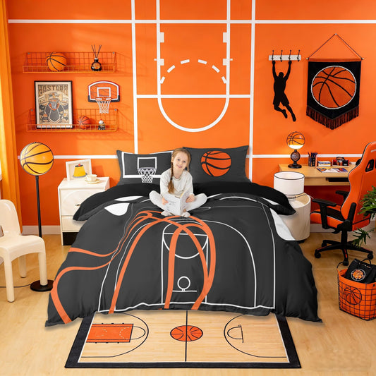 Basketball Court Print Bedding Set Twin Size,Ball Sports Games Themed Duvet Cover with 2 Pillowcases, Boys Game Room Decor Comforter Cover Orange Basketball and Hoop Quilt Cover Set (No Comforter)